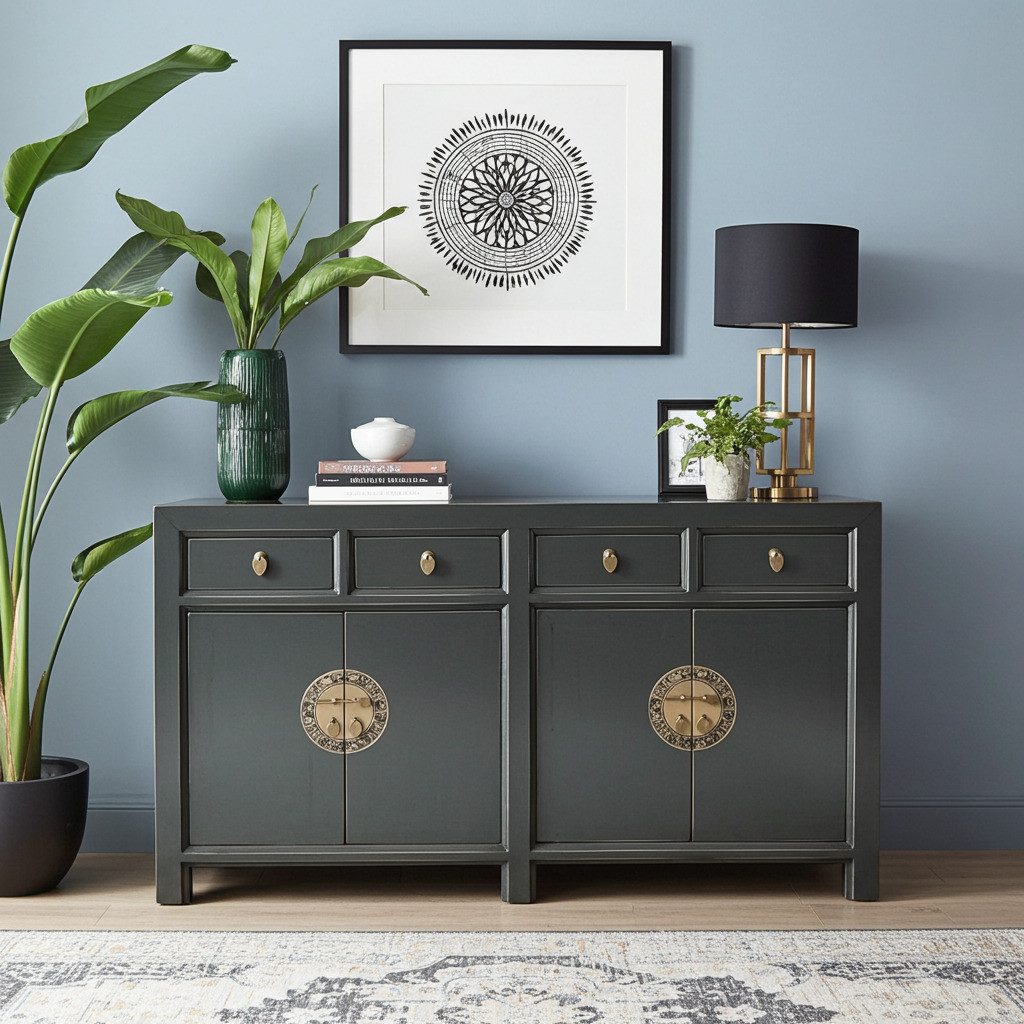 OPIUM OUTLET Sideboard Kommode Schrank Hochzeitsschrank Asia Möbel (Breite x Tiefe x Höhe: 150 cm x 40 cm x 85 cm, komplett montiert, grau), chinesisch asiatisch orientalisch vintage