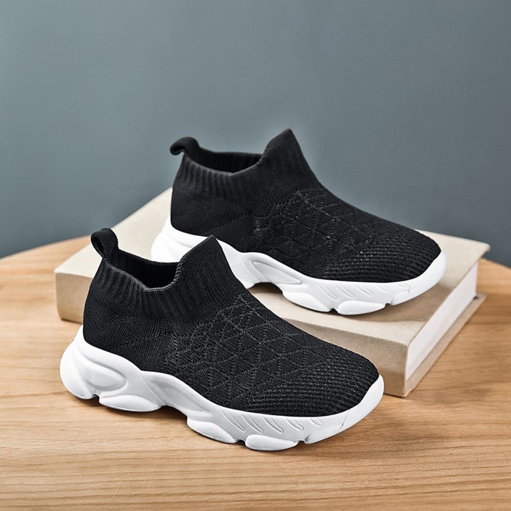 Mesh elastischem Sneaker (Bequeme Sitz ultraleichter) Schwarz Material mit ultraleichter Sockenschuh Slip-On Sneaker druckfreiem aus und und Kinderschuhe, HUSKSWARE atmungsaktive