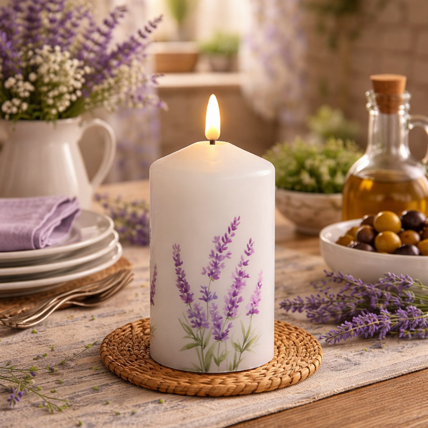 MARELIDA LED-Kerze LED Kerze mit Lavendel Motiv Echtwachskerze 7x14,5cm Batterie Timer, LED Classic, warmweiß (2100K bis 3000K)