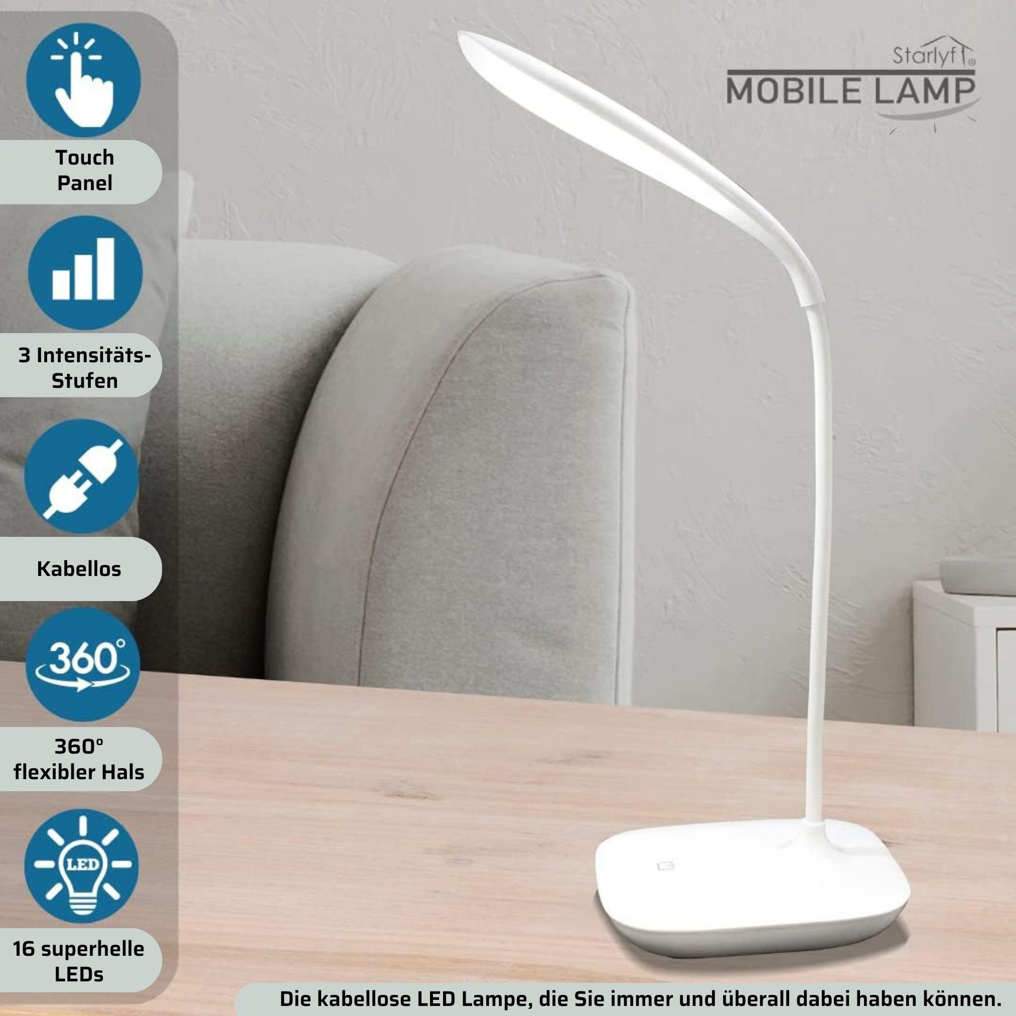 Starlyf LED Leselampe Mobile Lamp®, integriert, 3 Tageslichtweiß, Leuchtstärken USB, kabellose Stufen fest mit und 3 Leselicht, Tischleuchte schwenkbar, LED LED