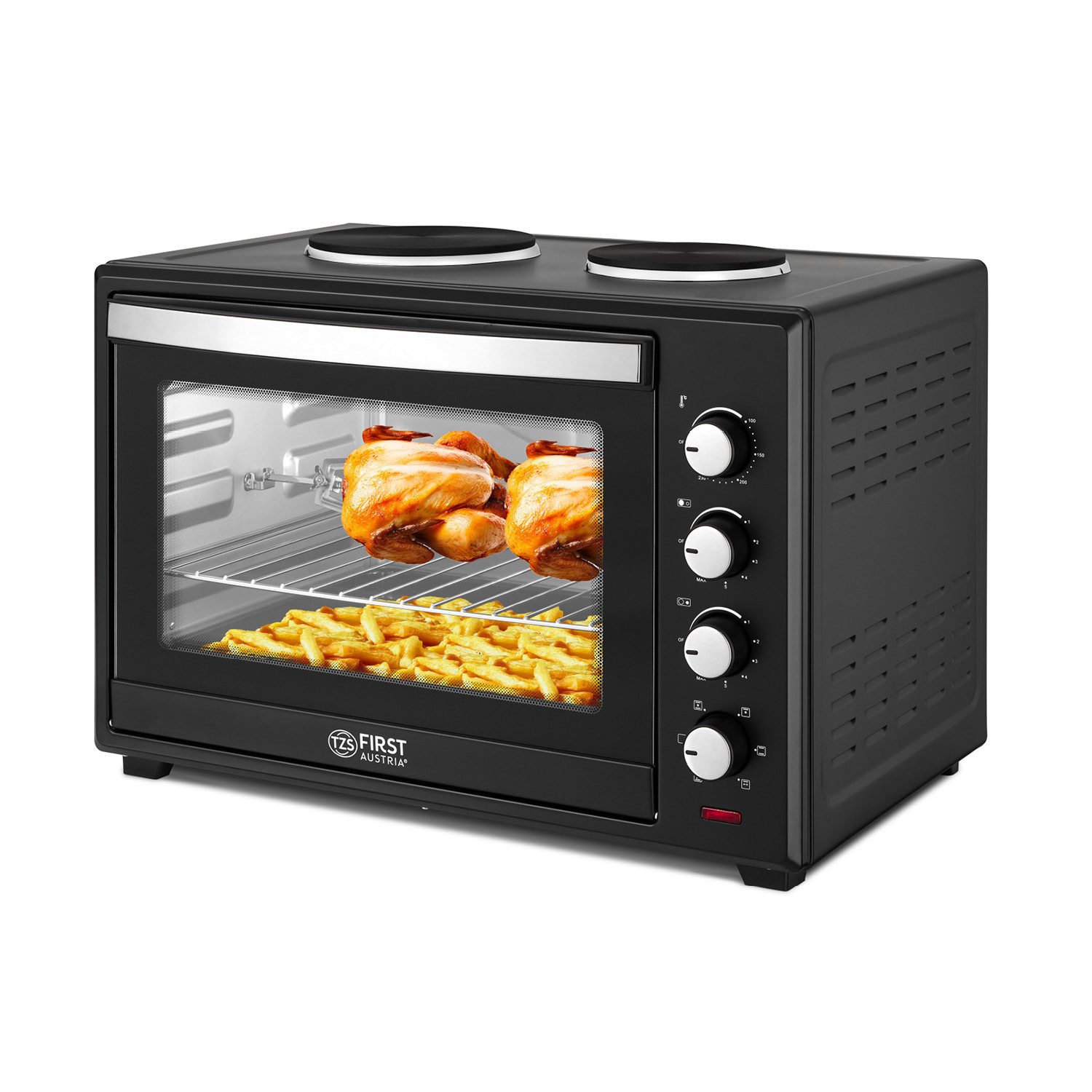 TZS FIRST AUSTRIA Minibackofen mit Kochplatten 60L 3400W, stufenlose Temperaturregelung bis 230°C, max 230°C, Backblech, Drehspieß, Grillrost, Innenbeleuchtung