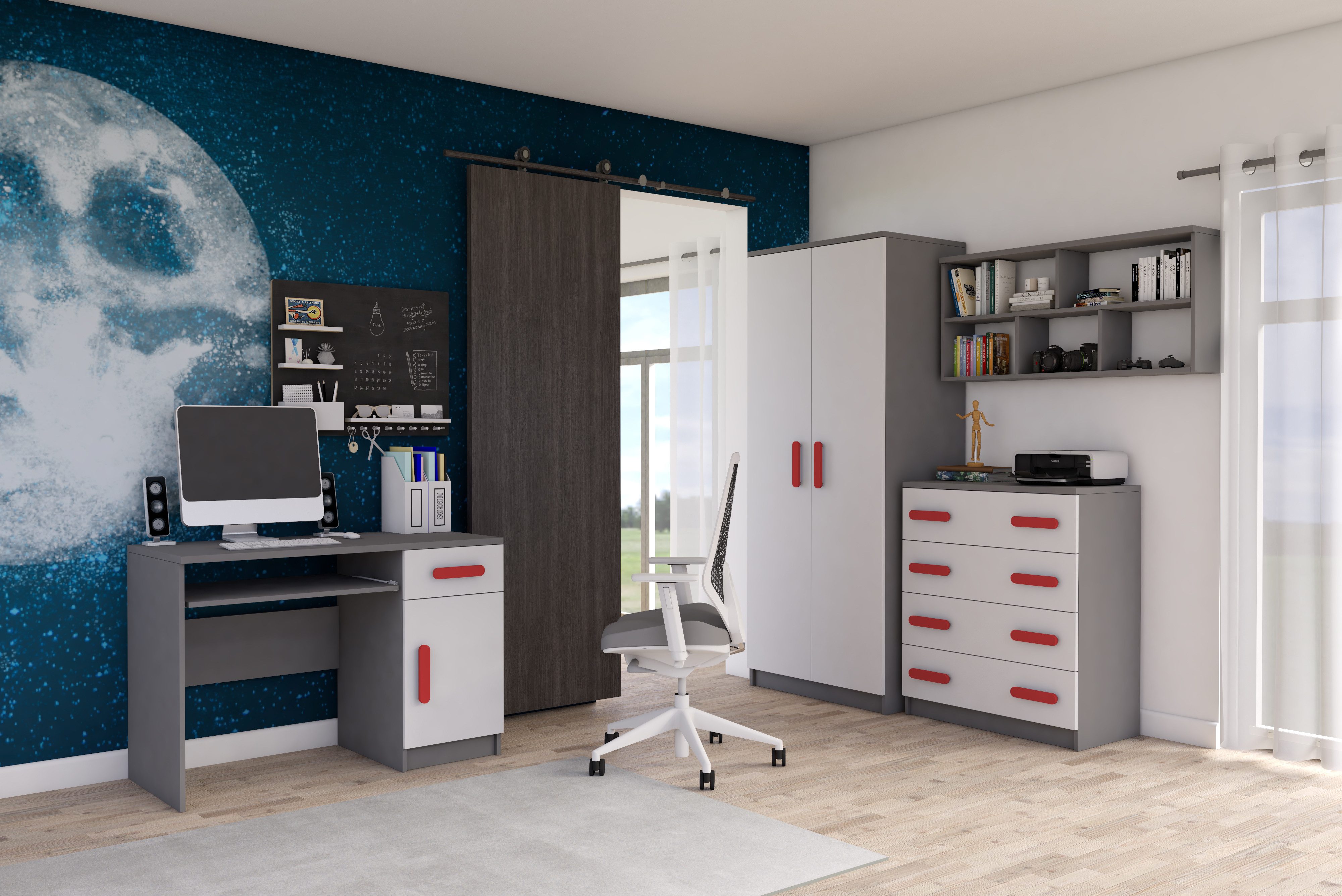 möbel-direkt.de Jugendzimmer-Set Elora in Grau und Weiß, (Spar-Set, 4-tlg., Griffarben Rosa, Blau, Limette, Rot, Erika, Eiche, Grau, Weiß), 8 wählbare Grifffarben
