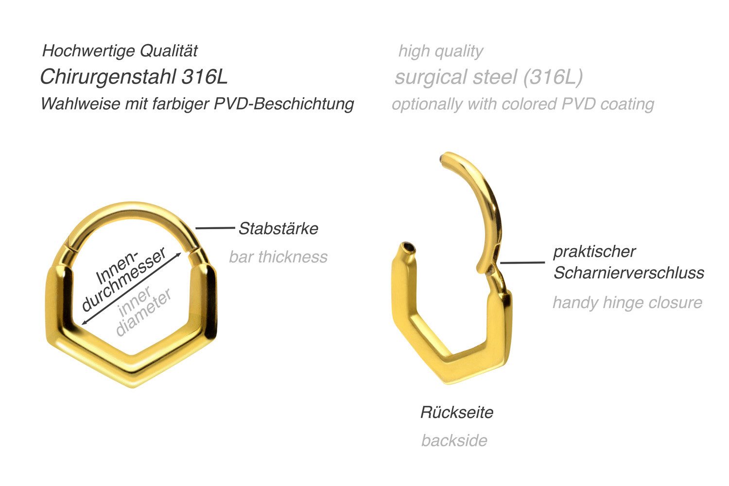 PIERCINGLINE Nasenpiercing Chirurgenstahl Segmentring Clicker ECKIG Ohrpiercing Septum Nase (Clicker, 1-tlg), Ohrpiercing für Conch, Helix, Tragus, Daith, Lobe