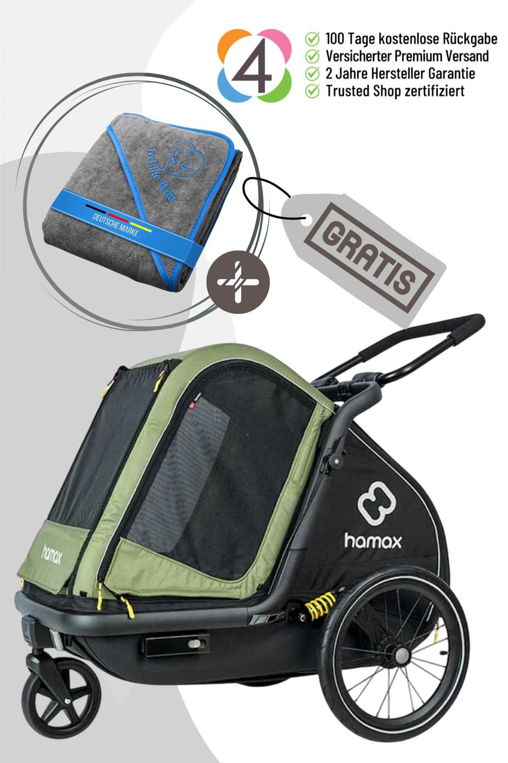 Hamax Fahrradhundeanhänger Pluto M Hundeanhänger inkl. Gratis Hundehandtuch