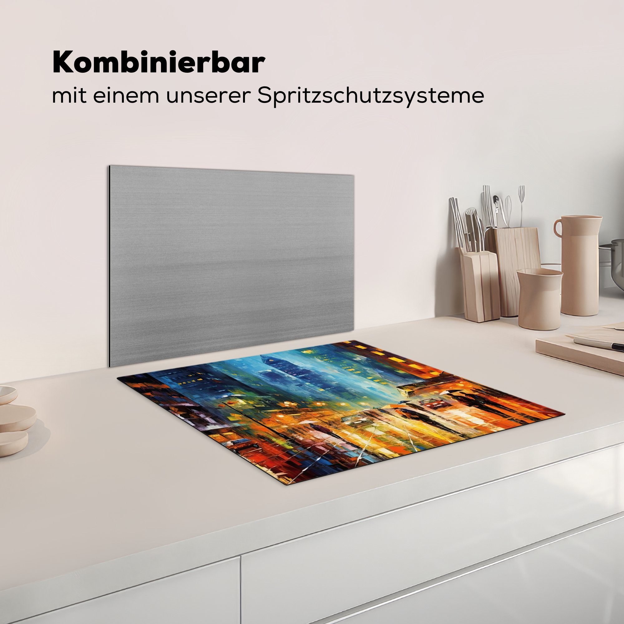 - Vinyl, Herdblende-/Abdeckplatte Städte Tokio - Ceranfeldabdeckung - - tlg), nutzbar, Mobile Architektur, (1 Kunst cm, Abend Arbeitsfläche MuchoWow 60x52