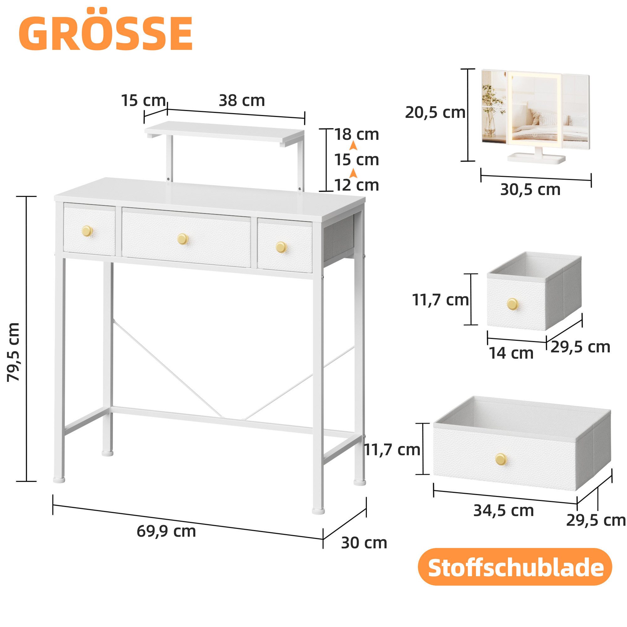 OYRREU Schminktisch inkl. 3-fach Spiegel mit Beleuchtung, Schreibtisch, Beistelltisch weiß (Schminkkommode 1-St), Kosmetiktisch, Stoffschubladen, platzsparend, Kompaktes Design
