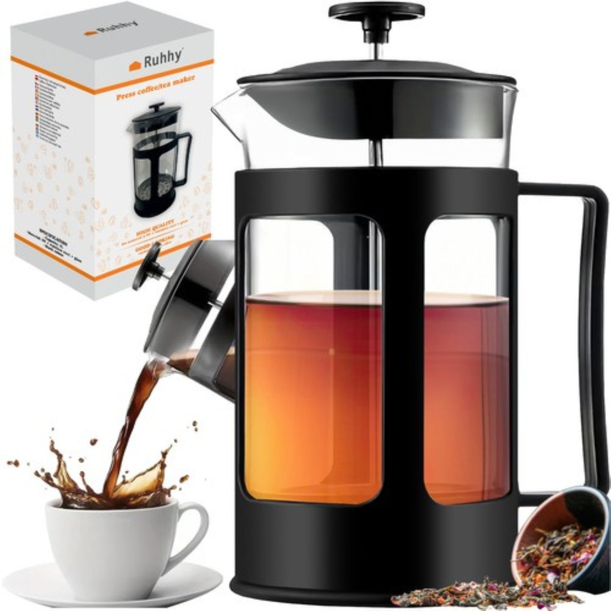 Ruhhy Druckbrüh-Kaffeemaschine, 1l Kaffeekanne, Edelstahl-Kolbensieb, Hitzebeständiges Glas, Edelstahl-Sieb, 1 Liter Fassungsvermögen