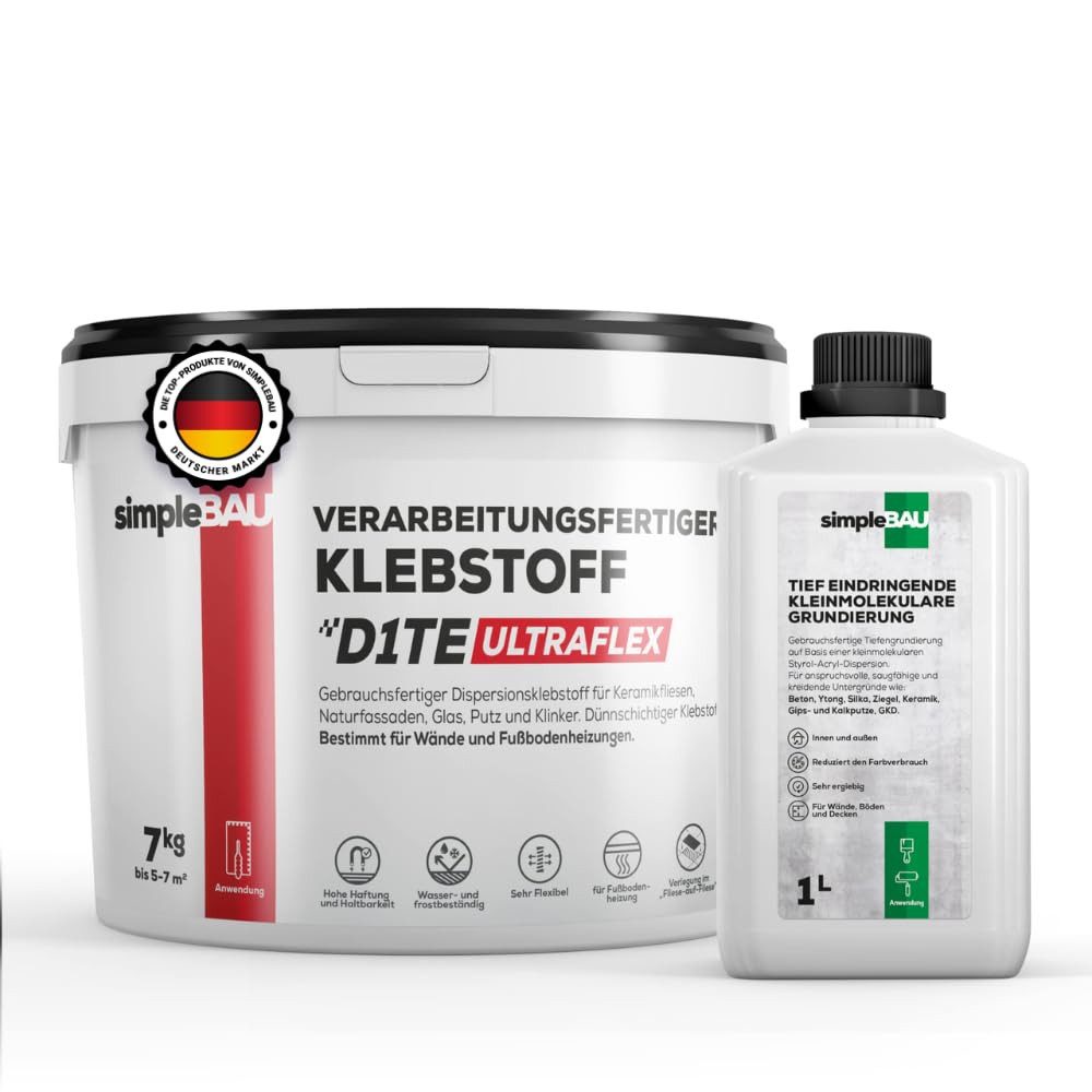 simpleBAU Dichtstoff Fertigfliesenkleber 7KG Universal + 1L Grundierung