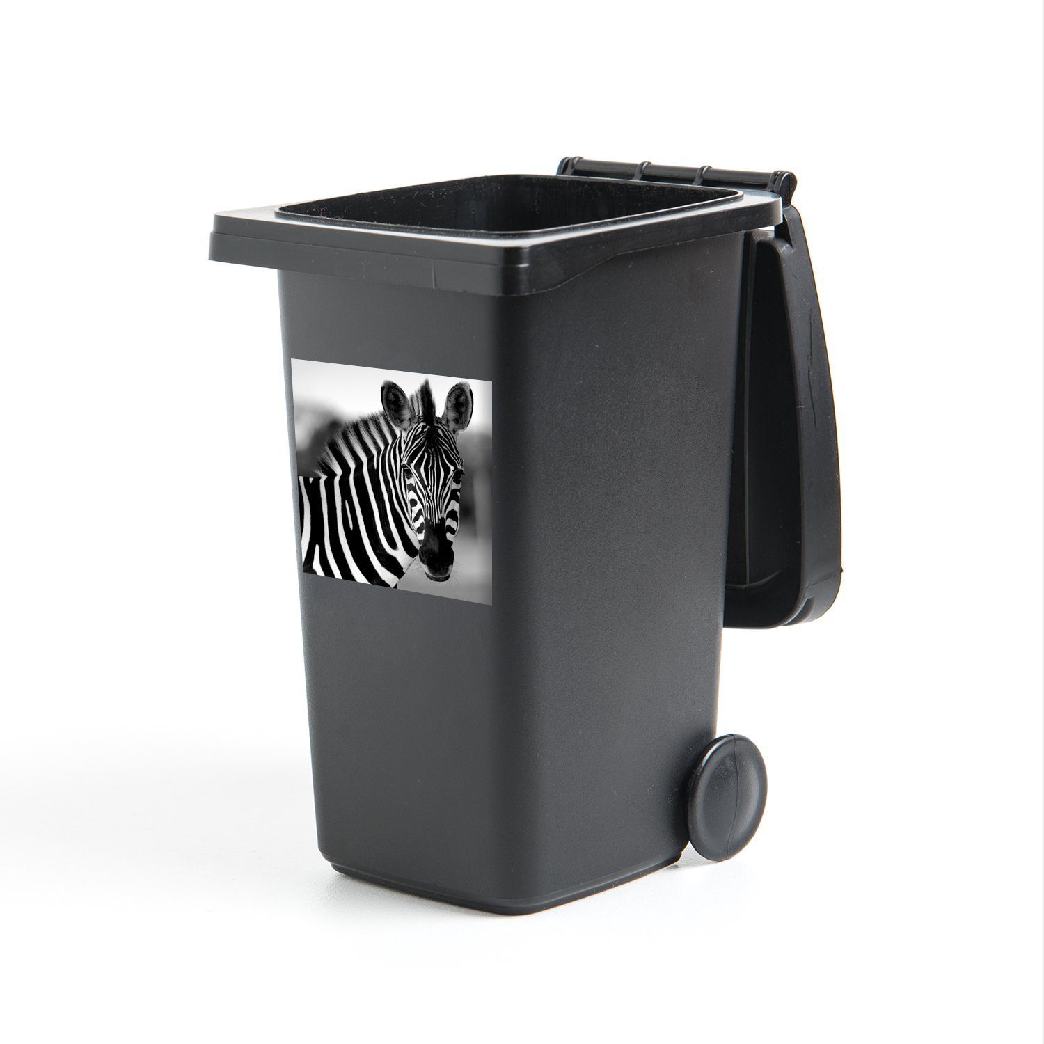 Zebra weiß Sticker, und MuchoWow - St), Abfalbehälter (1 Nahaufnahme Mülltonne, Wandsticker Mülleimer-aufkleber, Container, schwarz