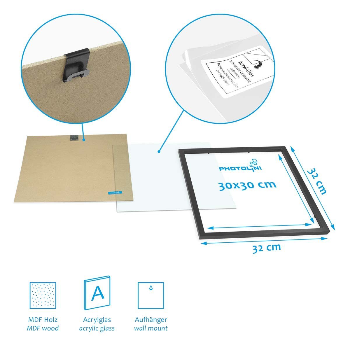 PHOTOLINI Bilderrahmen Sets quadratisch 30x30 cm aus MDF Holz mit Acrylglas & Zubehör, für 4 Bilder (4er Set), 4er Set Schwarz mit Passepartouts für Bilder in 2 – Bild 5 von 5