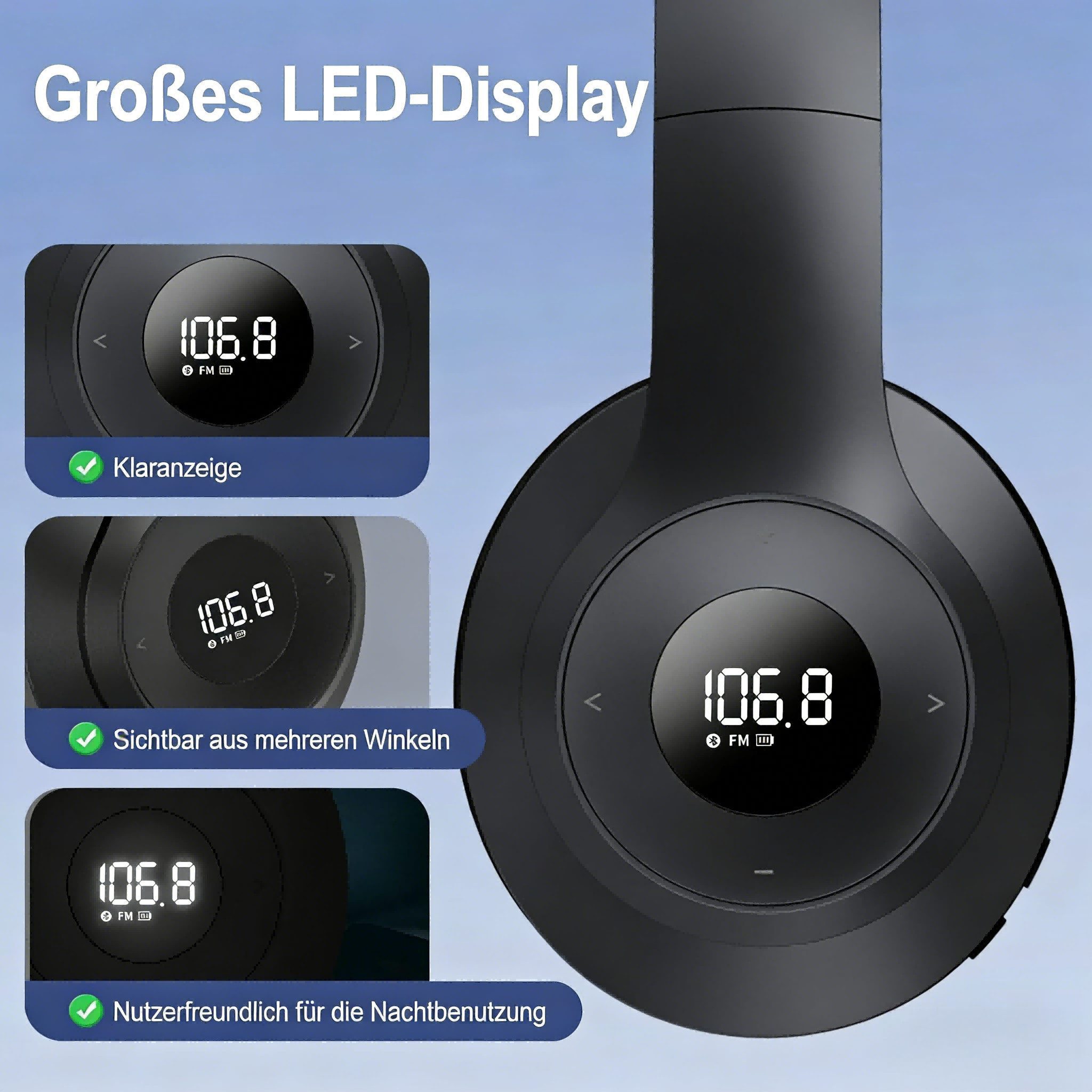 ibettertec Over-Ear-Kopfhörer, Kopfhörer-Radio mit Bluetooth 5.3 und AUX Bluetooth-Kopfhörer (Taktloses DSP-FM-Radio Kopfhörer, integrierter Akku, 3,5 mm AUX)