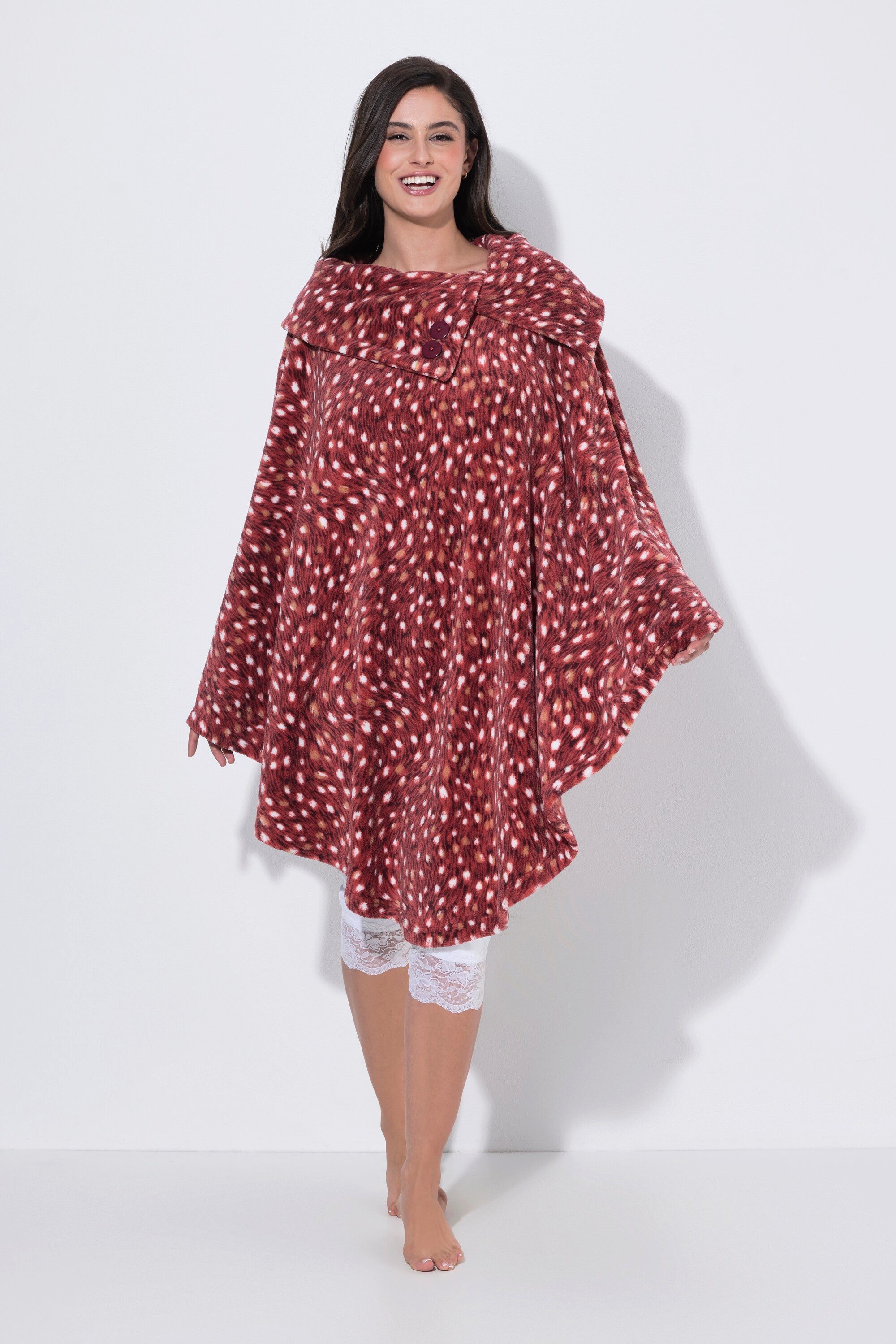 Ulla Popken Poncho Homewear-Poncho Plüsch gemustert Kragen