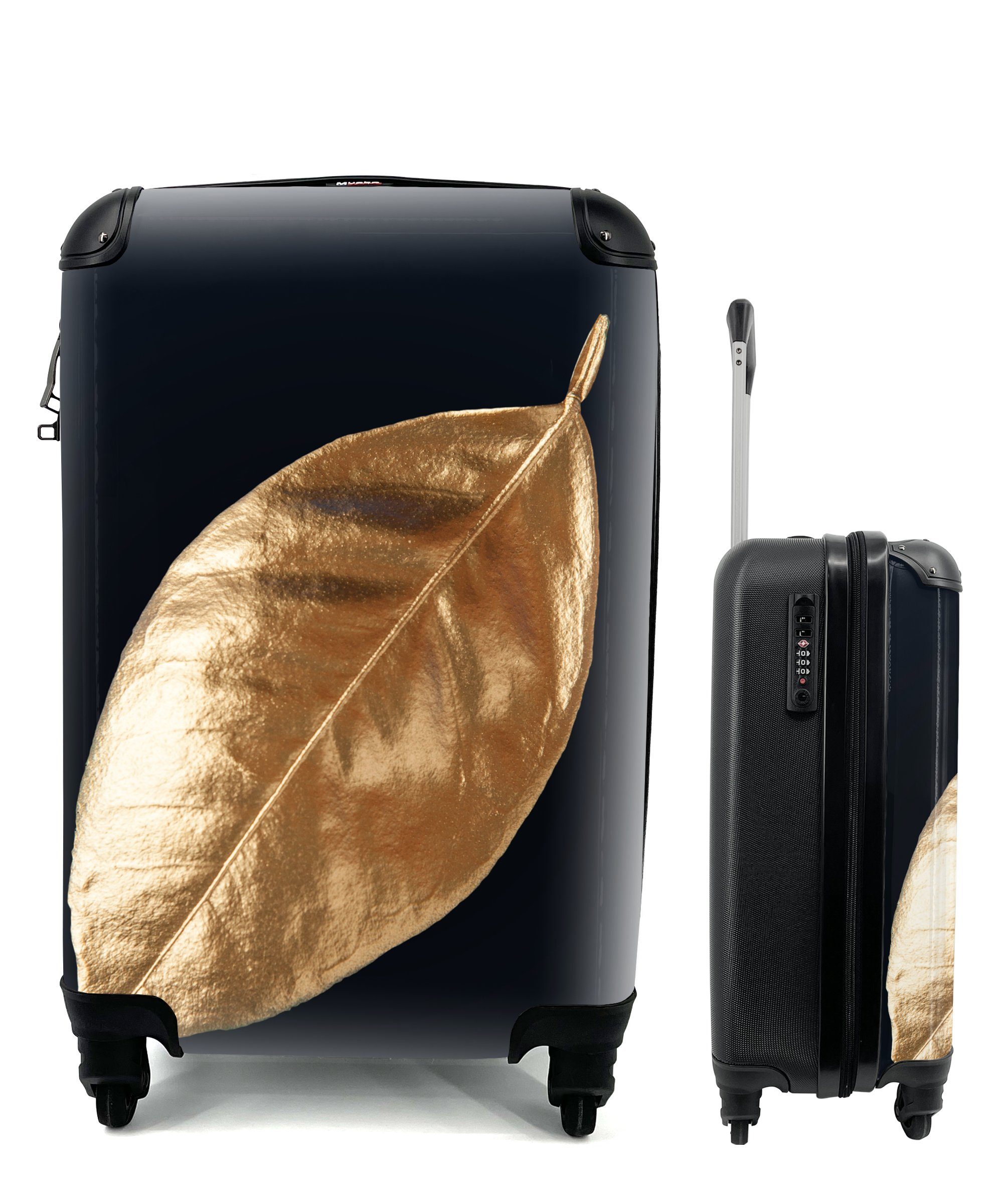 MuchoWow Handgepäckkoffer Blätter - Luxus rollen, Gold mit für Ferien, Pflanzen, Reisetasche Natur Reisekoffer 4 - - Trolley, Schwarz Handgepäck - Rollen, und