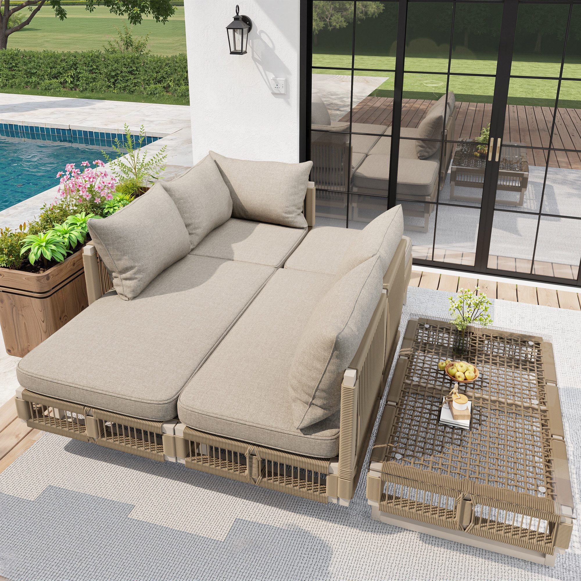 Merax Gartenlounge-Set Seilgeflecht Terrassenmöbel Gartenmöbel mit verstellbaren Füßen, (Wetterfest, 5-tlg., für Terrasse Balkon Pool), 6-Sitzer Sitzgruppe mit Sofa, Ecksofa, Hocker und Glas-Couchtisch