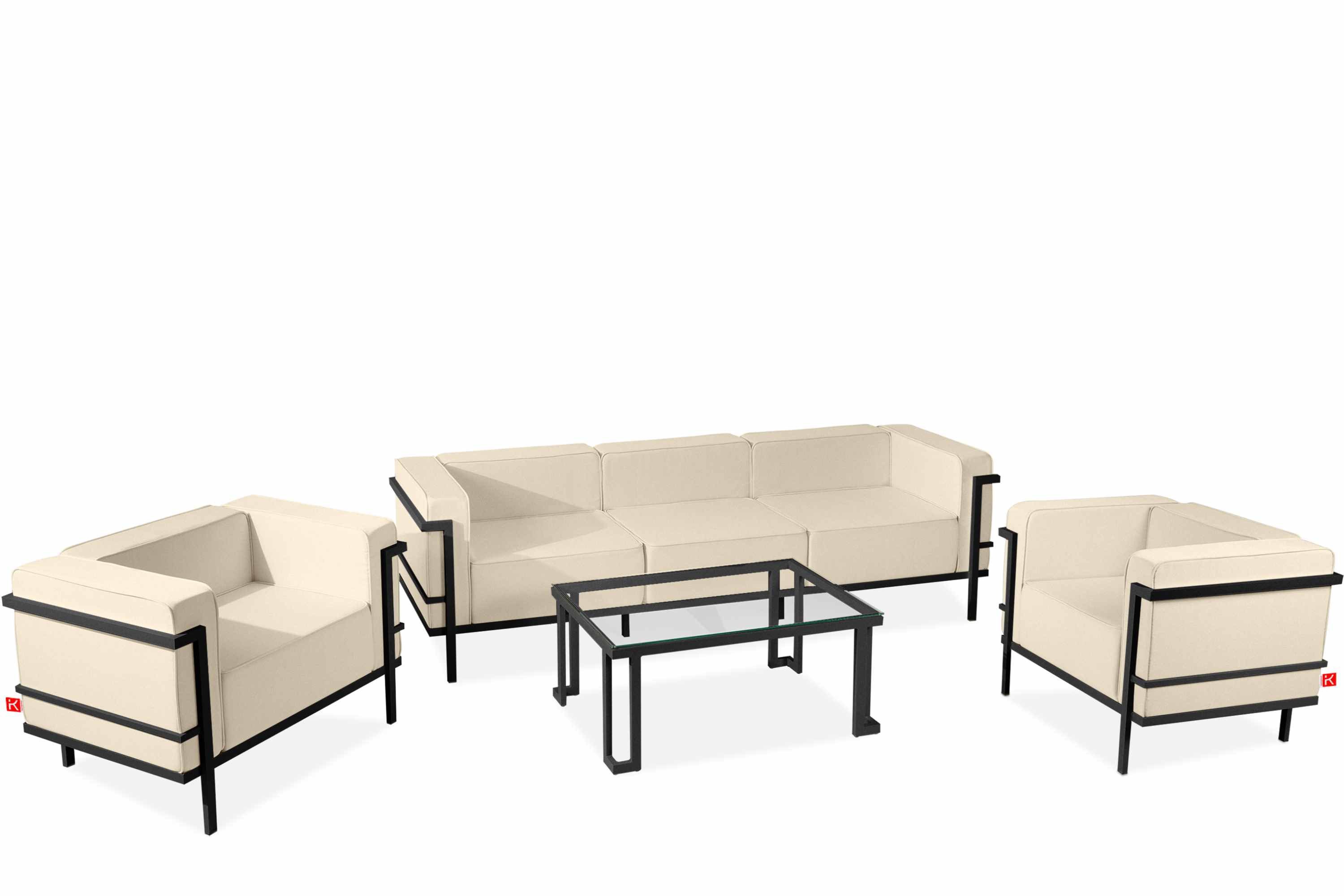 KONSIMO® Gartenlounge-Set TRIGLO Gartenmöbelset hergestellt in der EU, (1x Tisch, 2x Sessel, 1x Sofa 3-Sitzer, 4-tlg), Modern, handgefertigt, Stahlrahmen, mit Auflage