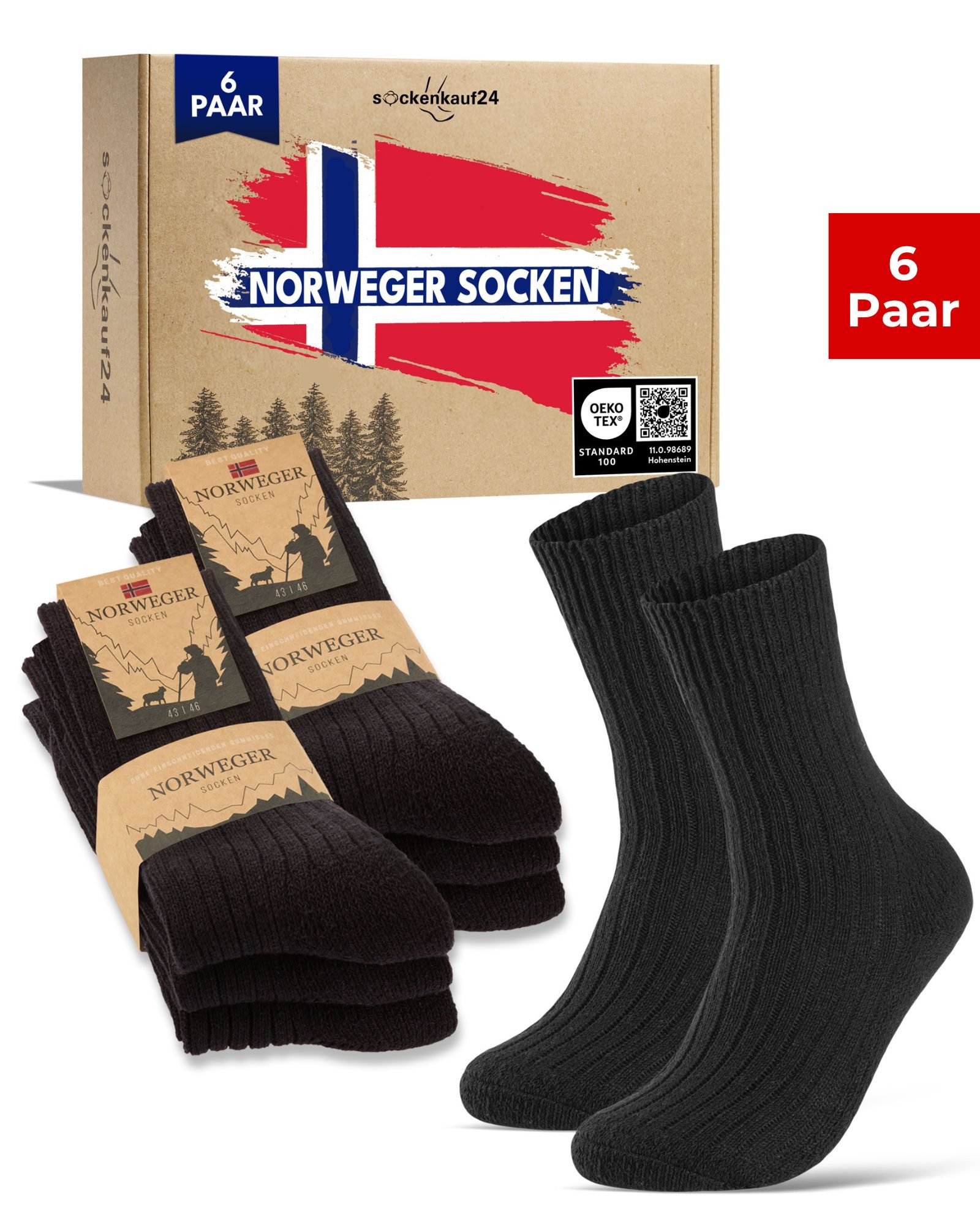 sockenkauf24 Norwegersocken Wintersocken warme Wollsocken Damen & Herren (Schwarz, 6-Paar, 39-42) gepolsterte Frotteesohle - 20100