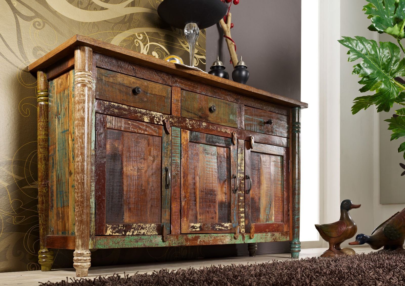 Massivmoebel24 Sideboard (Sideboard Altholz 140x42x88 mehrfarbig günstig online kaufen