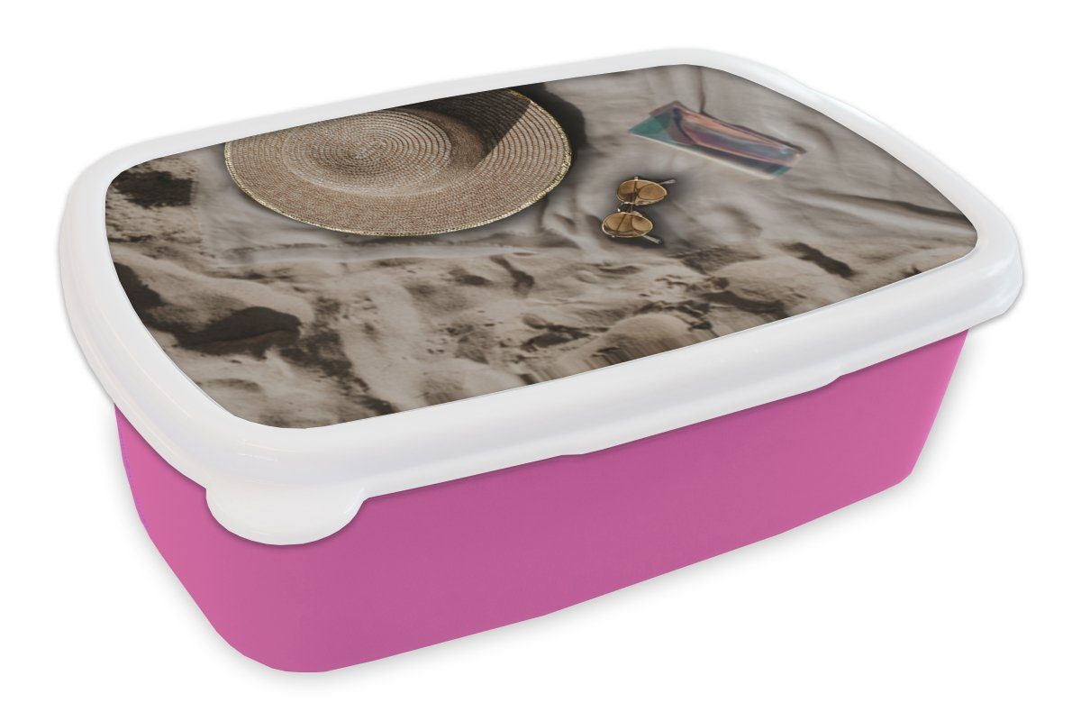 MuchoWow Lunchbox Strandtuch - Strand - Sommer, Kunststoff, (2-tlg), Brotbox für Erwachsene, Brotdose Kinder, Snackbox, Mädchen, Kunststoff rosa