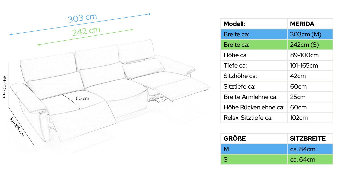 Sofanella 3-Sitzer Leder MERIDA, Relaxcouch, Designersofa, Designer Sofa, 3er Couch, Sofagarnitur