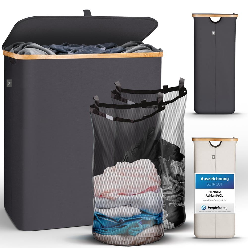 HENNEZ Wäschekorb Bambus mit Deckel 2 Fächer, 140L Wäschesack - Wäschesorti günstig online kaufen