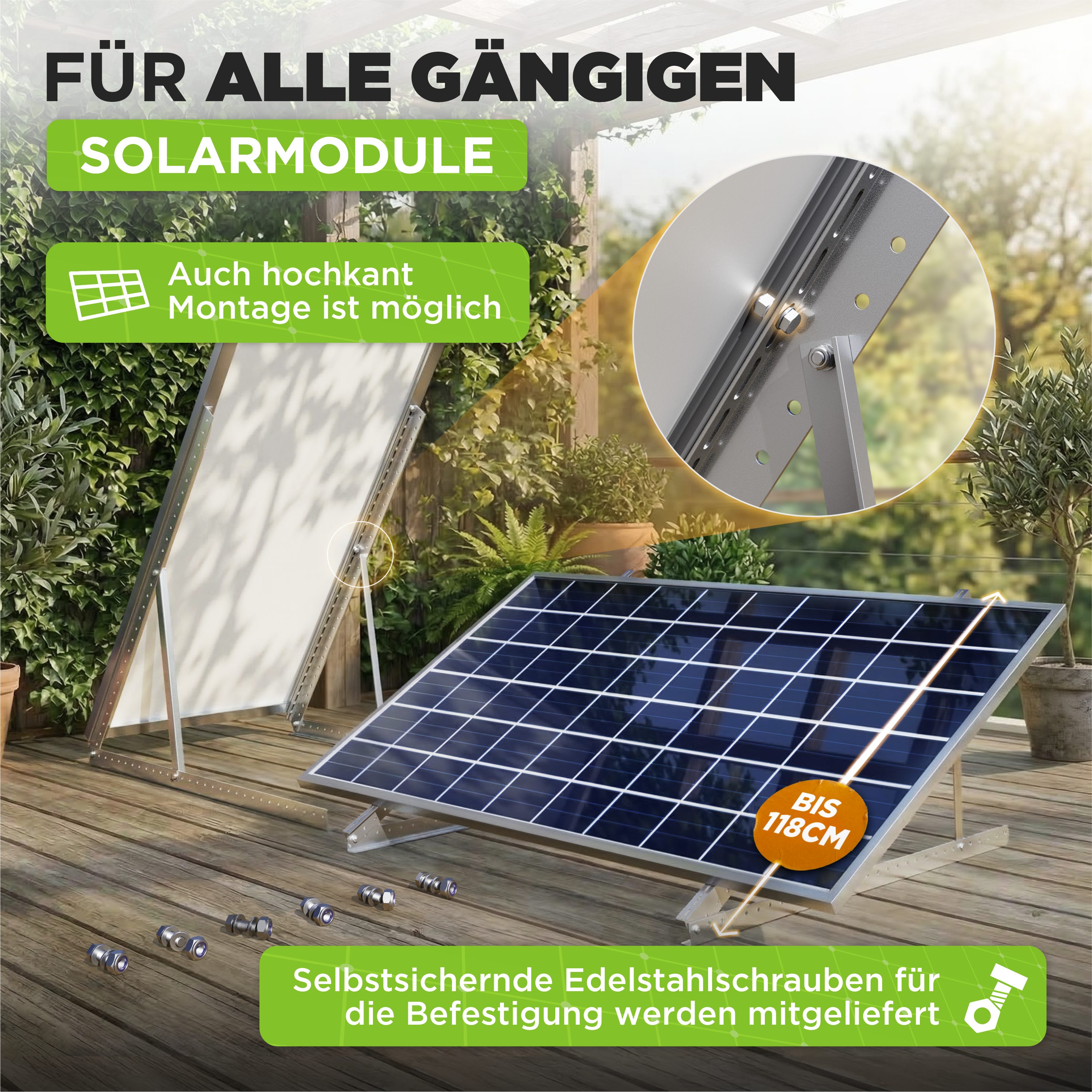 Drei Eichen Solarmodul-Halterung Balkonkraftwerk 118cm 3mm Stark. 2x Solarmodule. Wand Balkon Flachdach, (Für 2 Stück Photovoltaikmodule, Länge 118cm - Stärke 3 – Bild 3 von 5