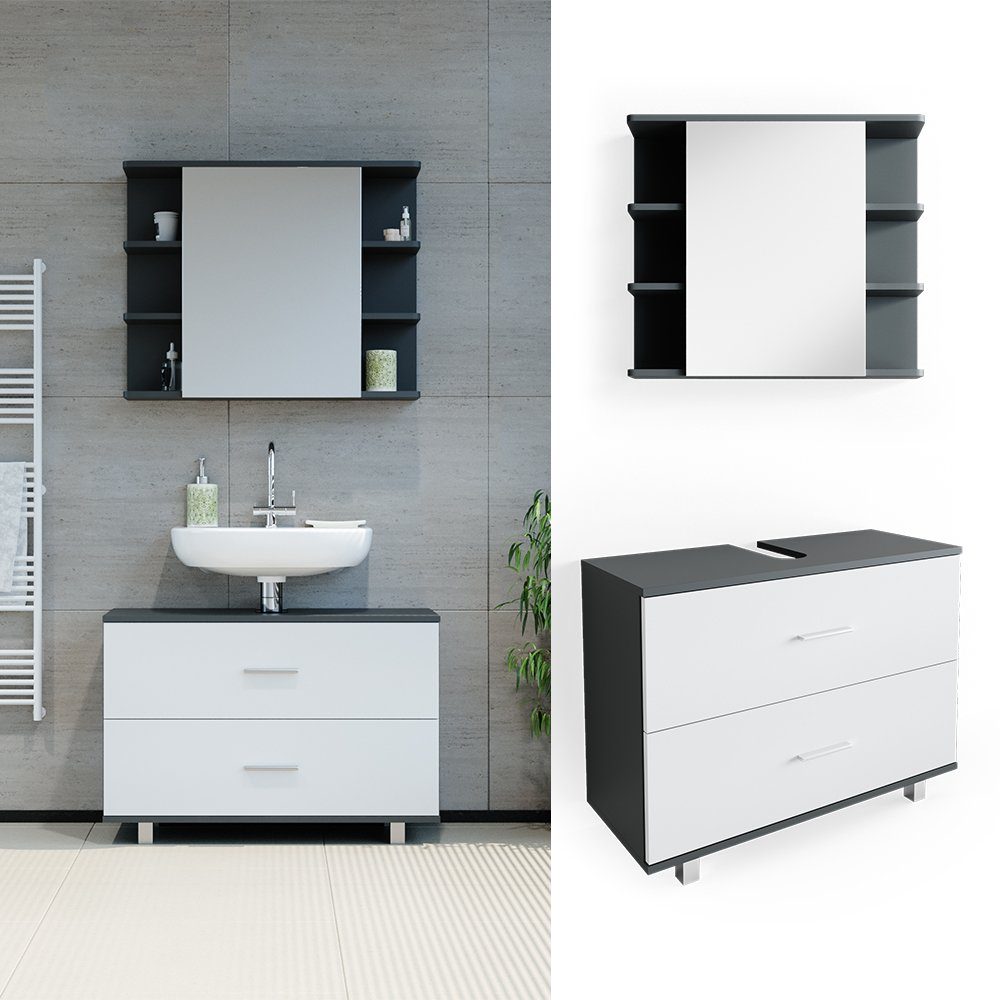 Vicco Badmöbel-Set Ilias, Anthrazit/Weiß, 2 Teile, Unterschrank 80 cm, (3-er Set, 2-St., 2er Set)