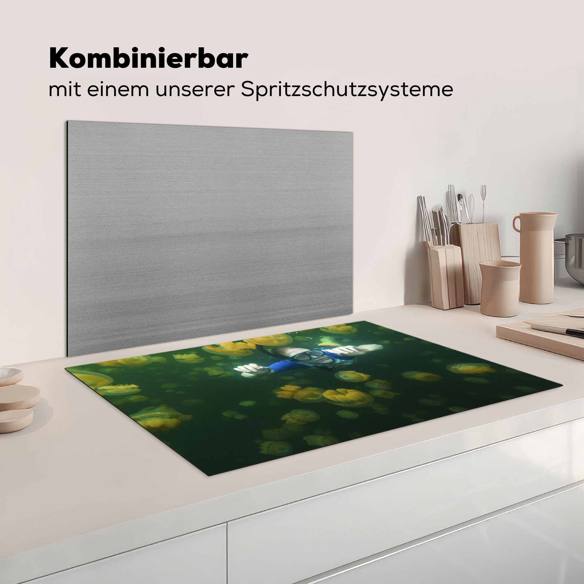 Tauchen Ceranfeldabdeckung (1 MuchoWow Quallen küche, für Herdblende-/Abdeckplatte Meer, Induktionskochfeld - Schutz - Vinyl, cm, 81x52 tlg), die