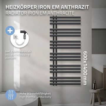 ECD Germany Elektrischer Badheizkörper Iron EM Designheizkörper Paneelheizkörper Handtuchwärmer, Heizstab 900W 600x1400mm Anthrazit