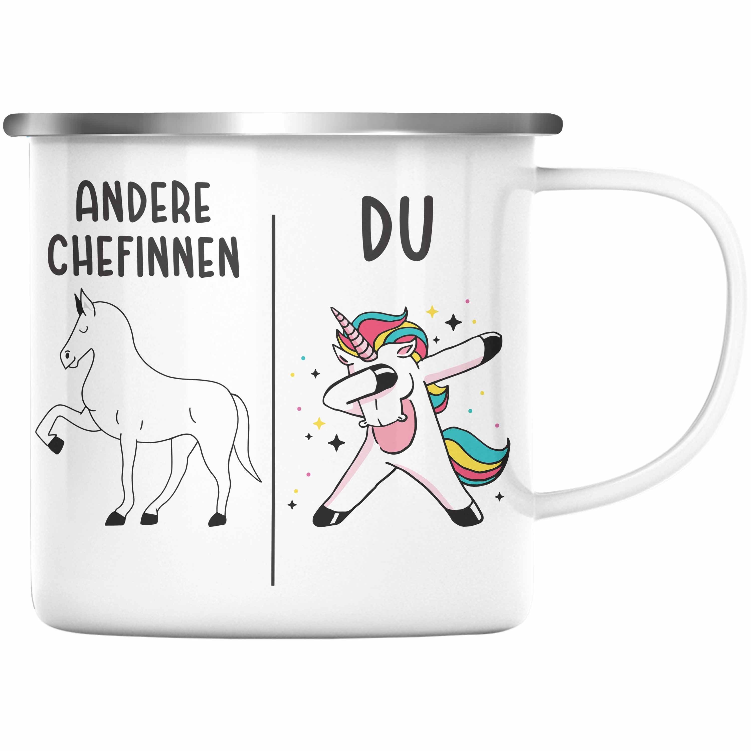 Trendation Thermotasse Trendation - Beste Chefin Emaille Tasse Lustig Geschenk Spruch Lieblingschefin Weihnachten Geburtstag Silber