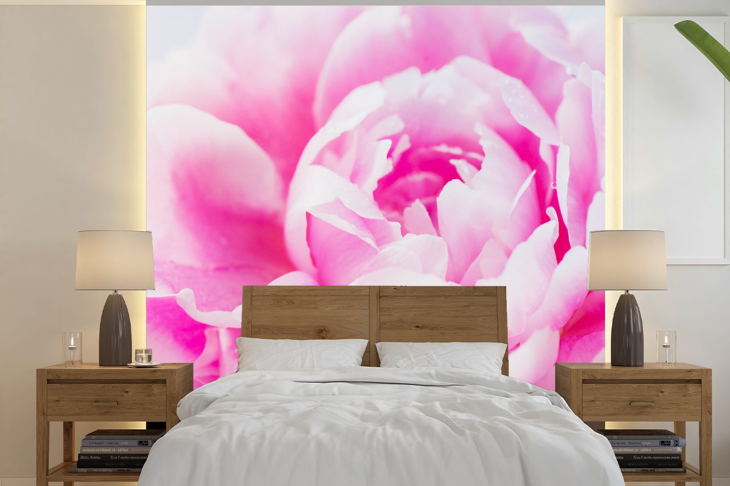 MuchoWow Fototapete Nahaufnahme einer rosa Pfingstrose mit Blättern, Matt, bedruckt, (5 St), Vinyl Tapete für Wohnzimmer oder Schlafzimmer, Wandtapete