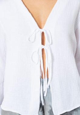 SASSYCLASSY Hemdbluse Oversize Musselin Blusenjacke Baumwolle Jacke mit Bindebändern, Ballonärmeln mit Gummizugabschluss