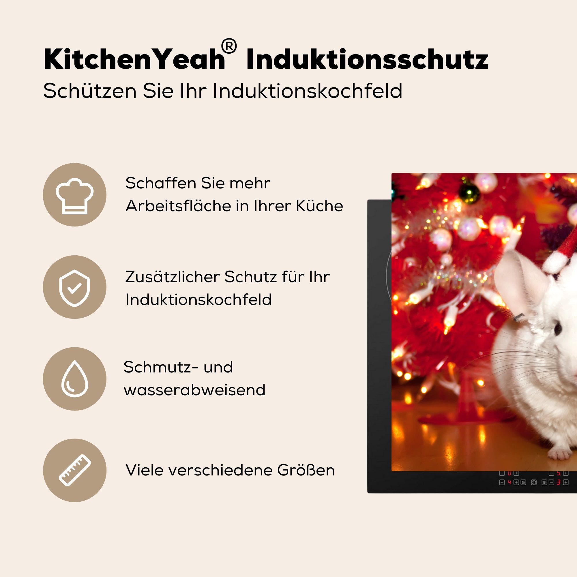 Ein eine tlg), Induktionskochfeld weißes Vinyl, Chinchilla cm, für MuchoWow trägt Ceranfeldabdeckung Weihnachtsmannmütze, 71x52 Schutz Herdblende-/Abdeckplatte (1 küche, die