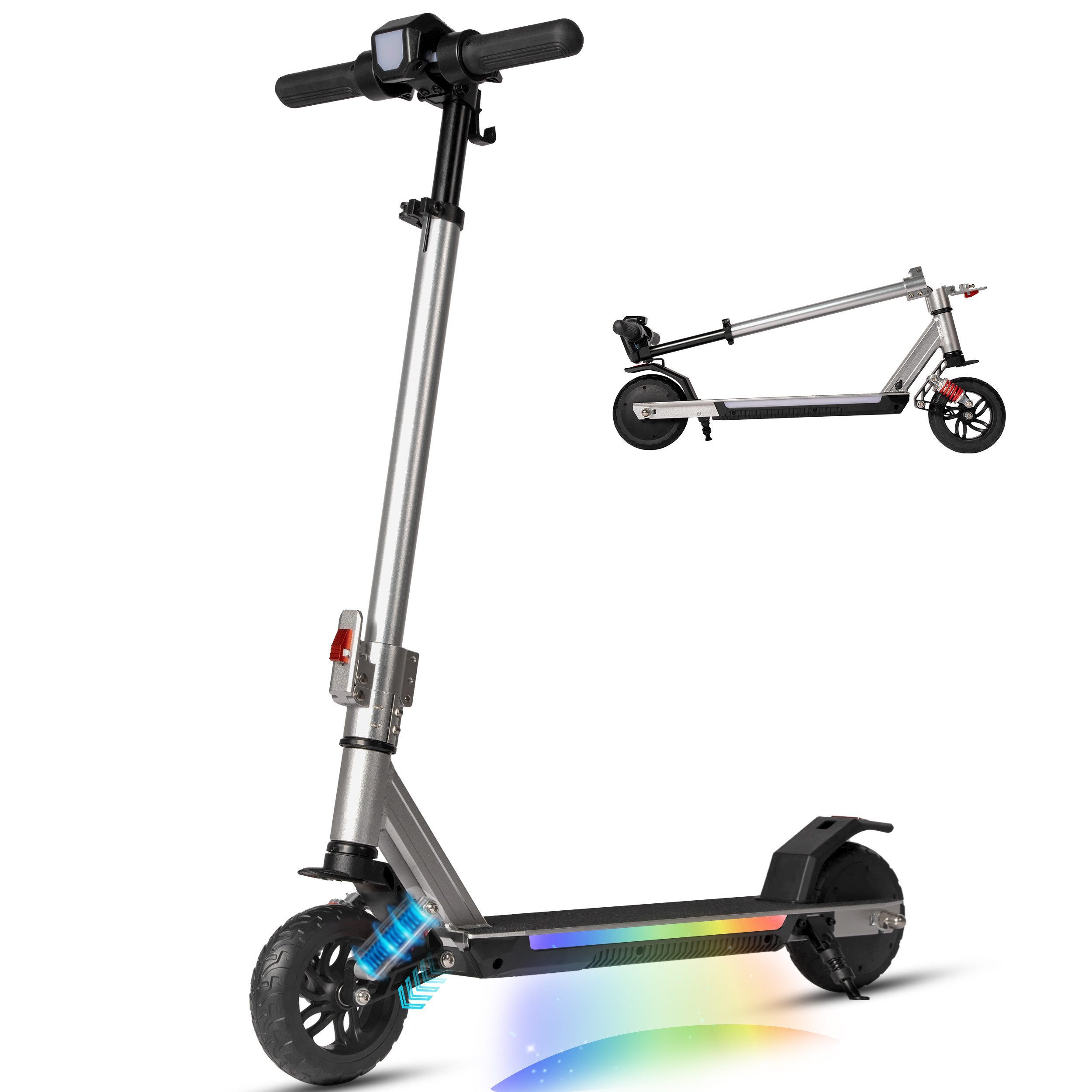 Vankel Elektro-Kinderroller E Scooter für Kinder, ab 10 Jahren, 15km, Federung, klappbar, Belastbarkeit 50 kg, 14km/h, Cityroller, EBS+Fußbremse, höhenverstellbar, Bunte Leuchten