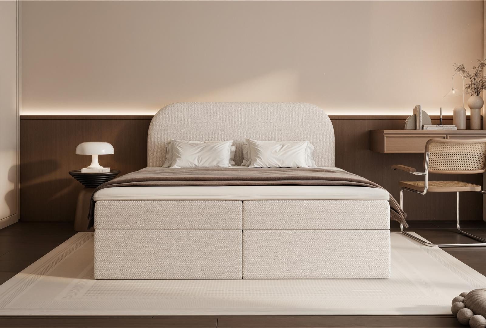 Compleo Boxspringbett Doppelbett, Topper als Option, gepolstertes Kopfteil mit Bettkasten, Zur Auswahl: Bonell oder Taschenfederkern