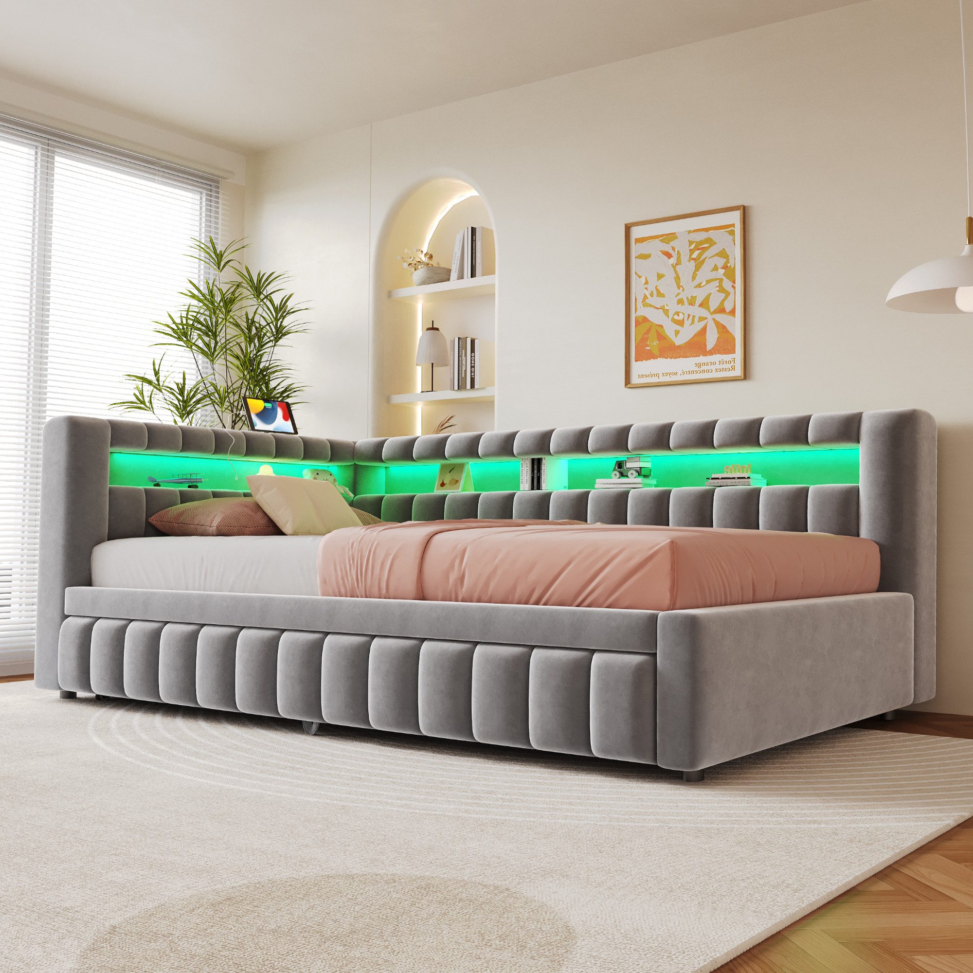 Merax Daybett mit LED-Beleuchtung und Ladeanschluss (Tagesbett Schlafsofa Sofabett Kinderbett, 1 tlg), Polsterbett 90x200cm mit Ausziehbett 90x190cm & Ablagefach, Samtbezug