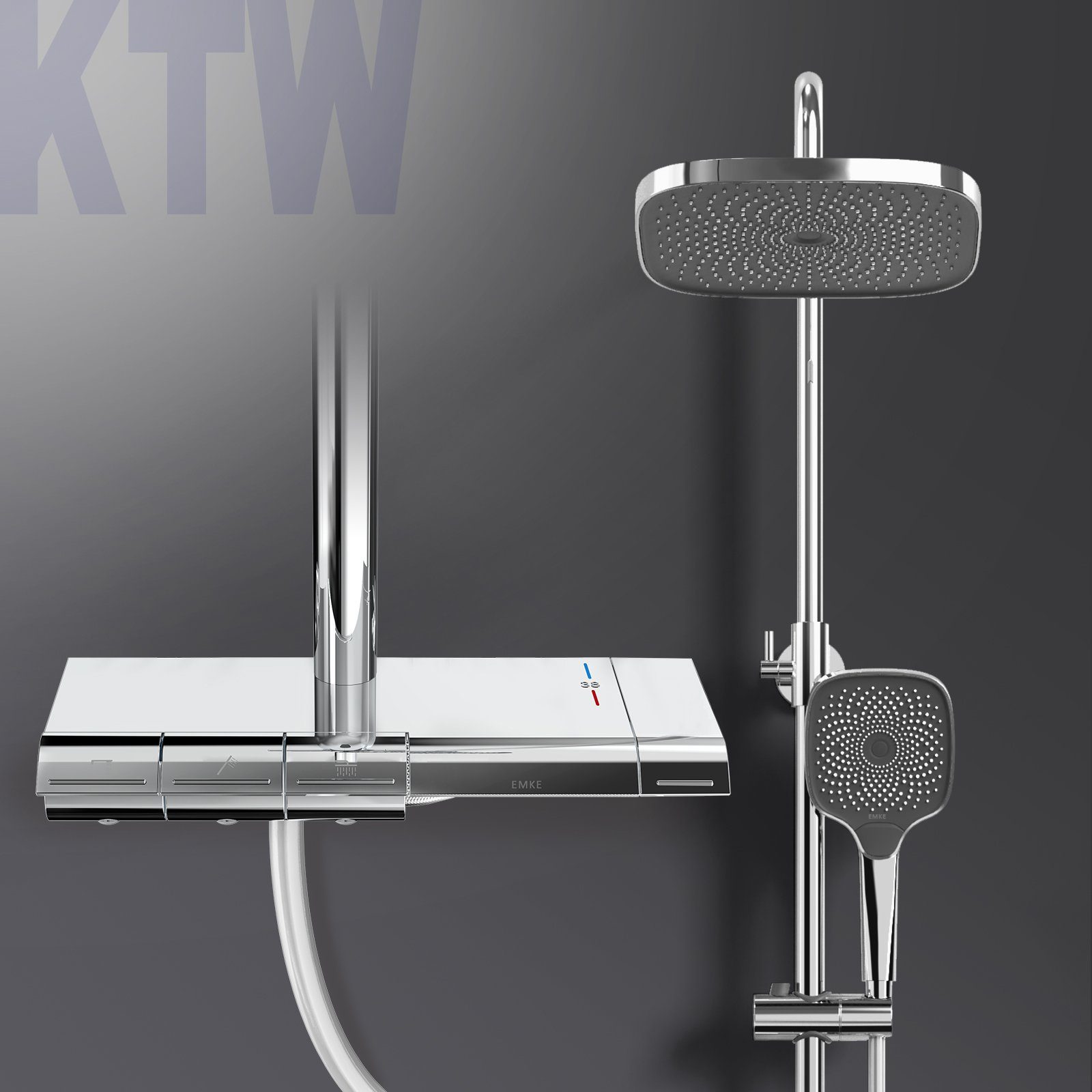 EMKE Duschsystem Thermostat Duschset,Duschsäule Set mit Regal mit Überkopfbrause, Handbrause mit 3 Strahlstärken, Regendusche, Chrom