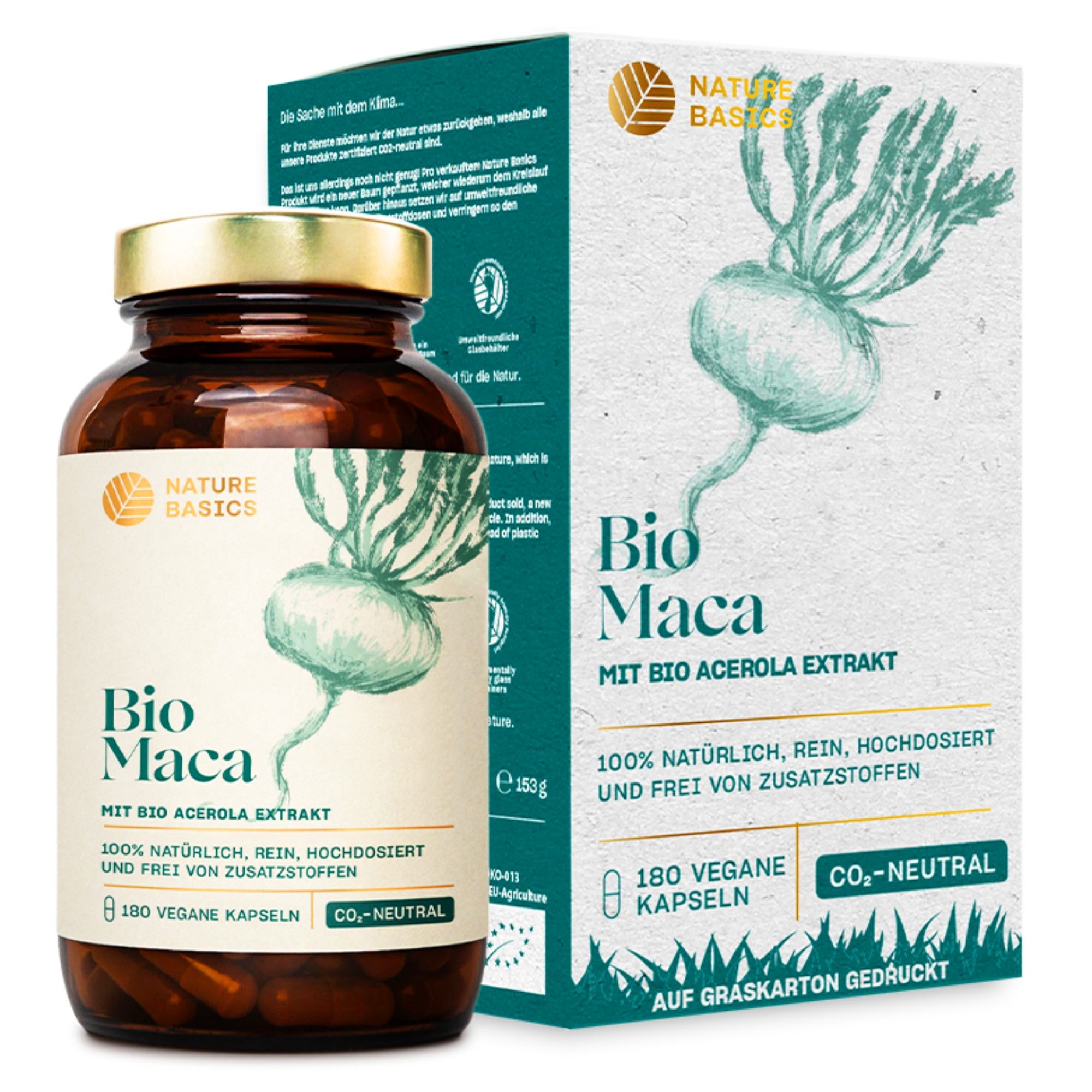 Nature Basics Hochwertiges Bio Maca mit Vitamin C Vegan im Braunglas 180 Kapseln, 180 St., 153 g