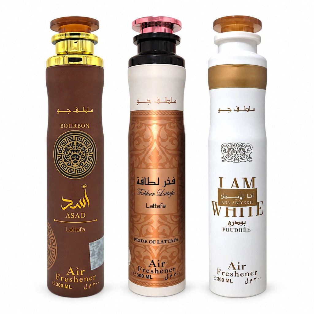 Lattafa Raumduft Ana Abiyedh Poudree, Fakhar Femme & Asad Bourbon Raumspray 3x300ml
