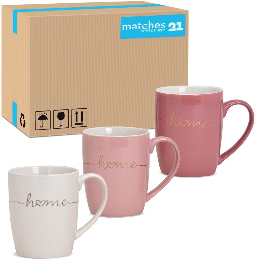 matches21 HOME & HOBBY Tasse Schöne Kaffeetassen 36er Set einfarbig Herzen mit Spruch Home, 36-tlg., Porzellan, Tee Kaffee-Becher klassisch rosa pink weiss goldfarben 300 ml