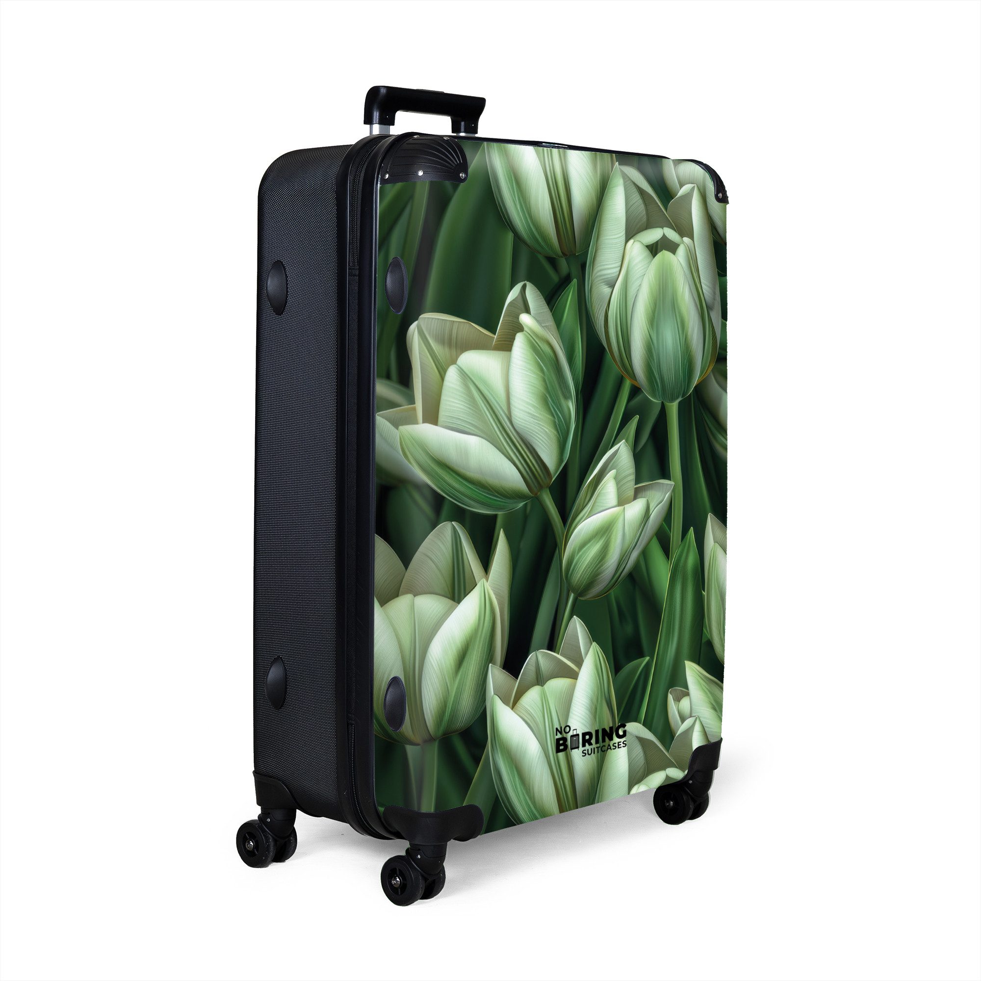 NoBoringSuitcases.com© Hartschalen-Trolley Grün mit weißen Tulpen günstig online kaufen