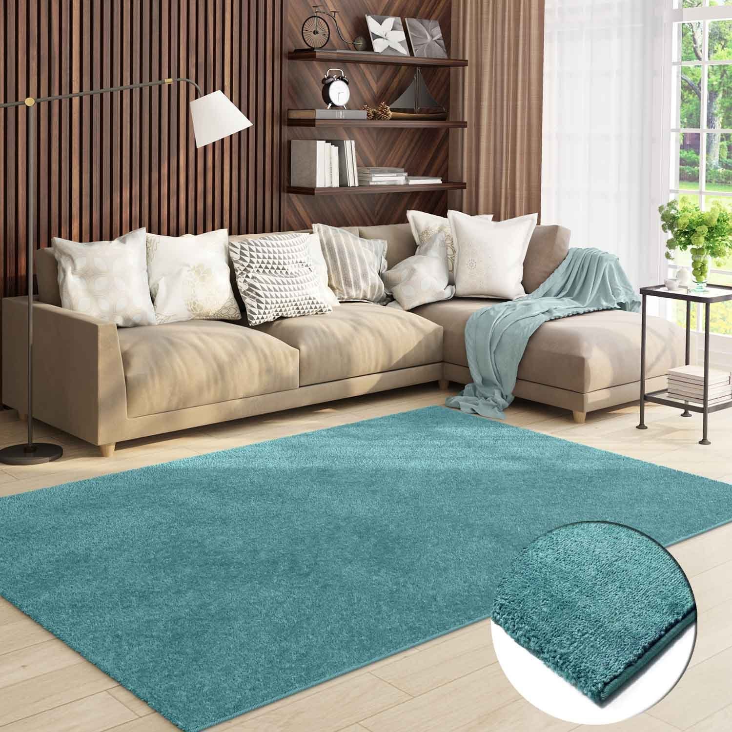 Kurzflor Einfarbig, Blau Extra mm, Farben Rechteckig, Größen Teppich Vimoda, Modern, Höhe: Versch. Weich, 8 Wohnzimmer, gewebt,