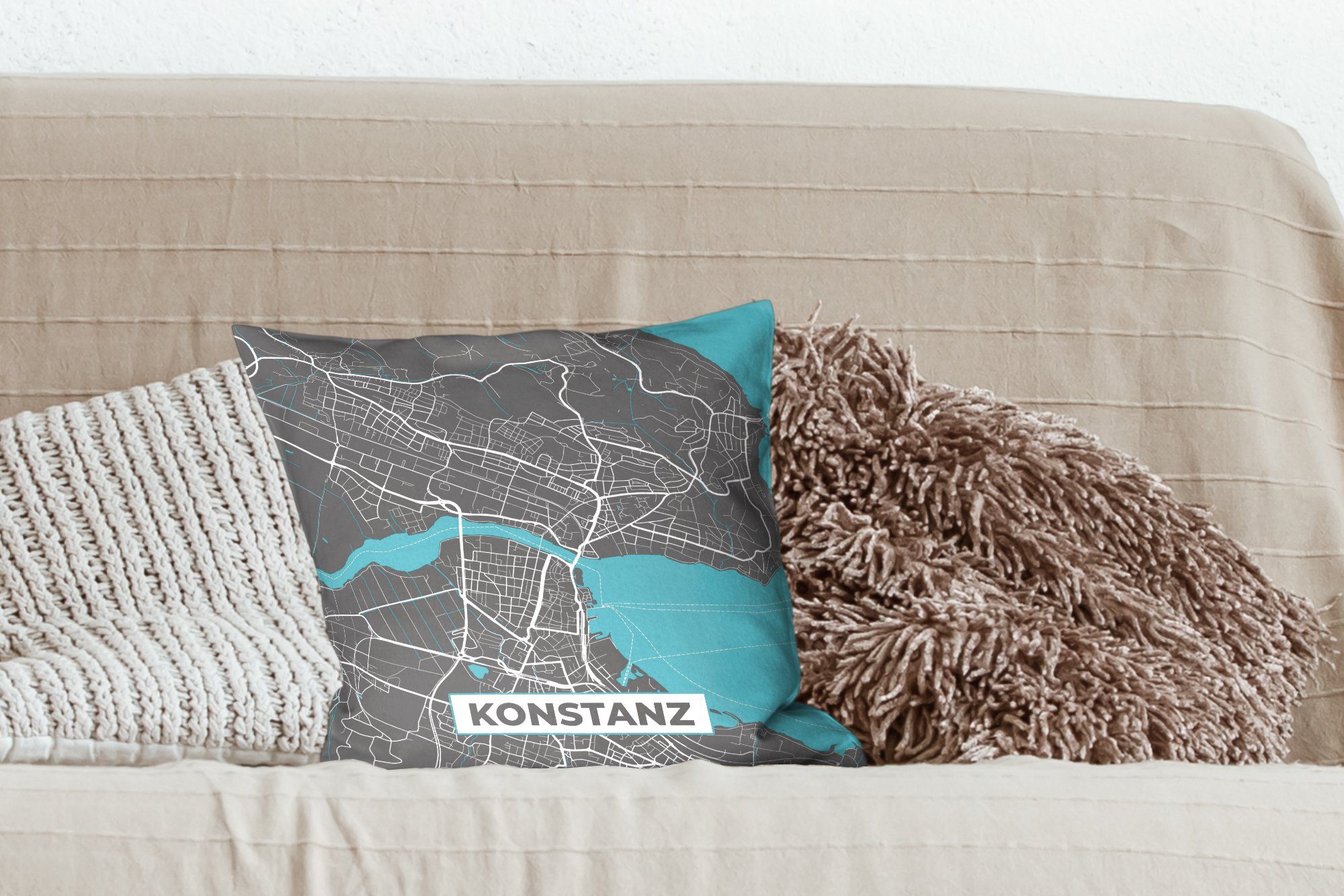 MuchoWow Konstanz - Karte Schlafzimmer, Zierkissen Füllung Blau, Deko, Wohzimmer, mit - Deutschland - für Dekokissen - Sofakissen Stadtplan
