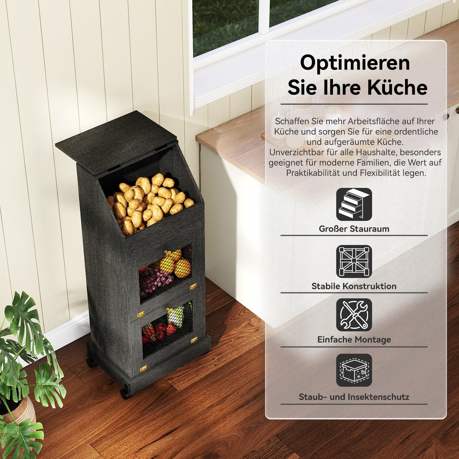Puluomis Vorratsdose Vorratsdose Kartoffelbox, Gemüsebox mit Rollen, Kartoffelkiste, (Gemüsebehälter mit Belüftung und Brotfach, Aufbewahrung von Gemüse und Obst, Kartoffelbox braun schwarz)