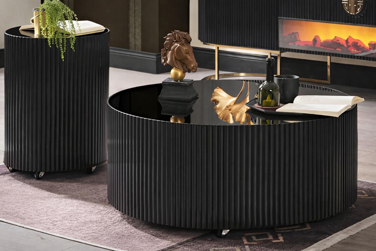 Xlmoebel Couchtisch Eleganter schwarzer Tisch mit stilvoller Glasoberfläche (2-teilig, Couchtisch mit Beistelltisch), Made in Europa