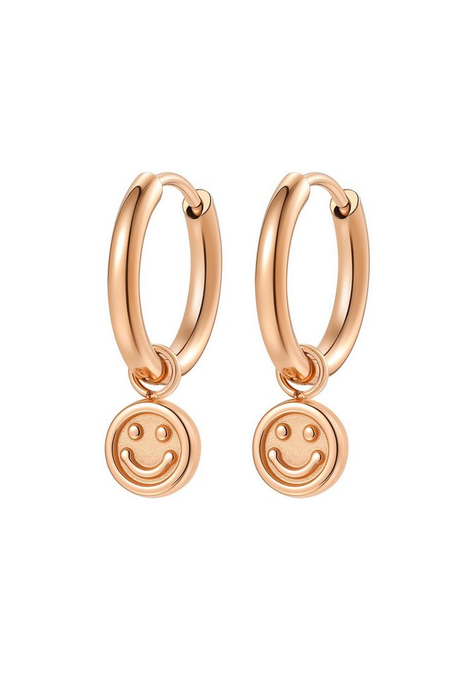 Hey Happiness Paar Creolen Smiley Charm, kleine Statement Ohrringe mit Anhänger, Moderne Creolen Damen Edelstahl, wasserfest