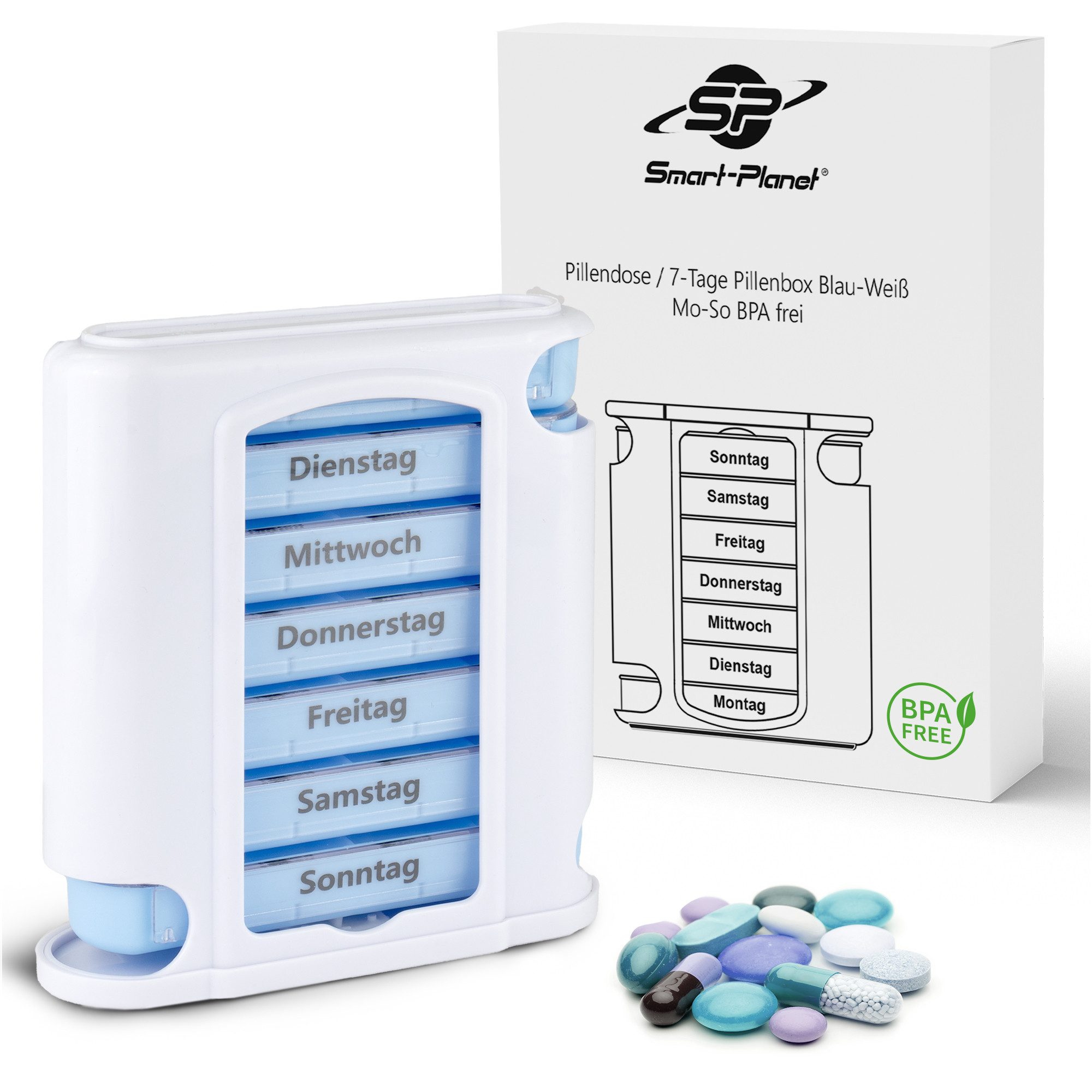 Smart-Planet Pillendose Tablettenbox - 7 Tage 4 Fächer - morgens mittags abends nachts