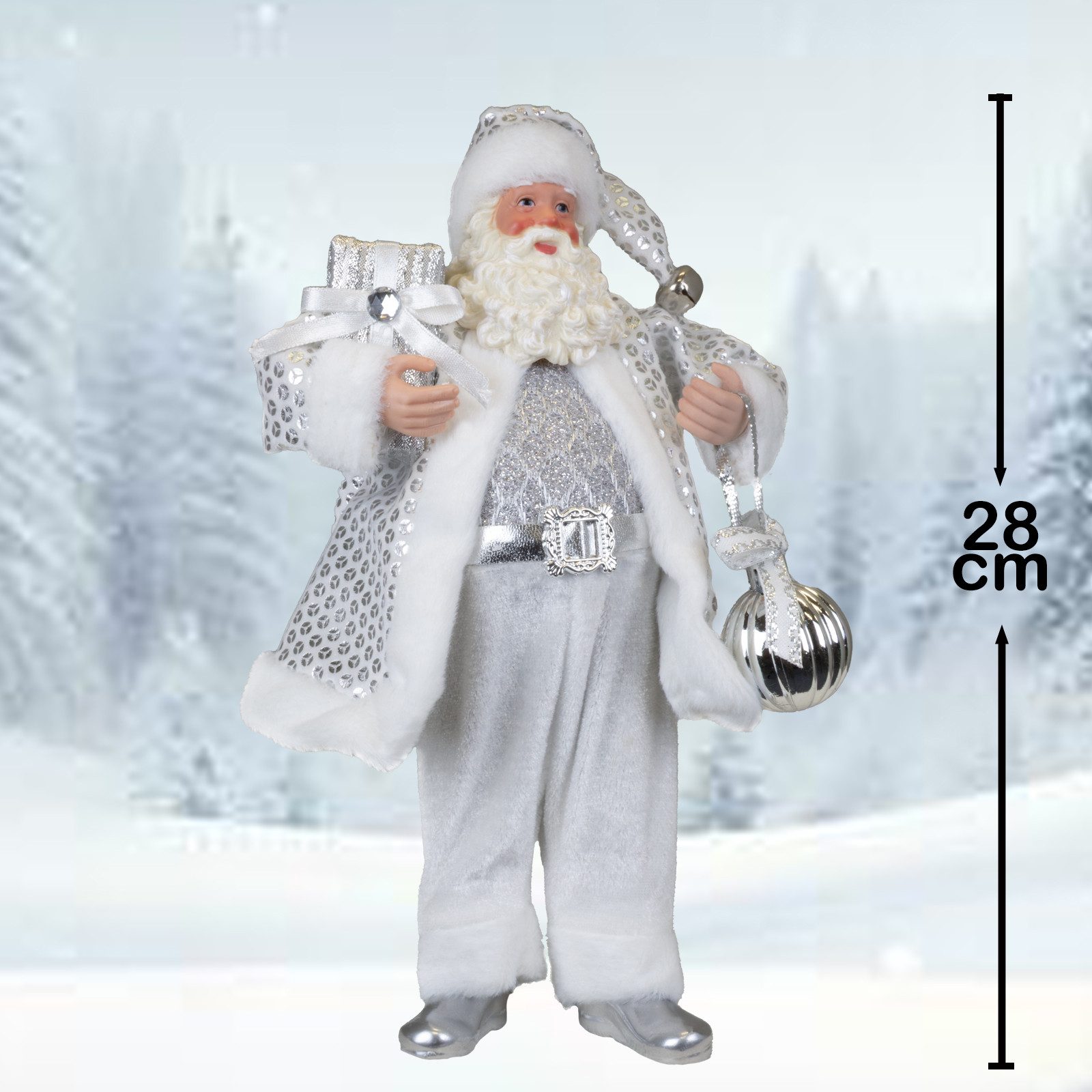 Christmas Paradise Weihnachtsmann stehend 28 cm (Santa, 1 St., Weihnachtsdeko), in silber mit Kugel und Geschenk