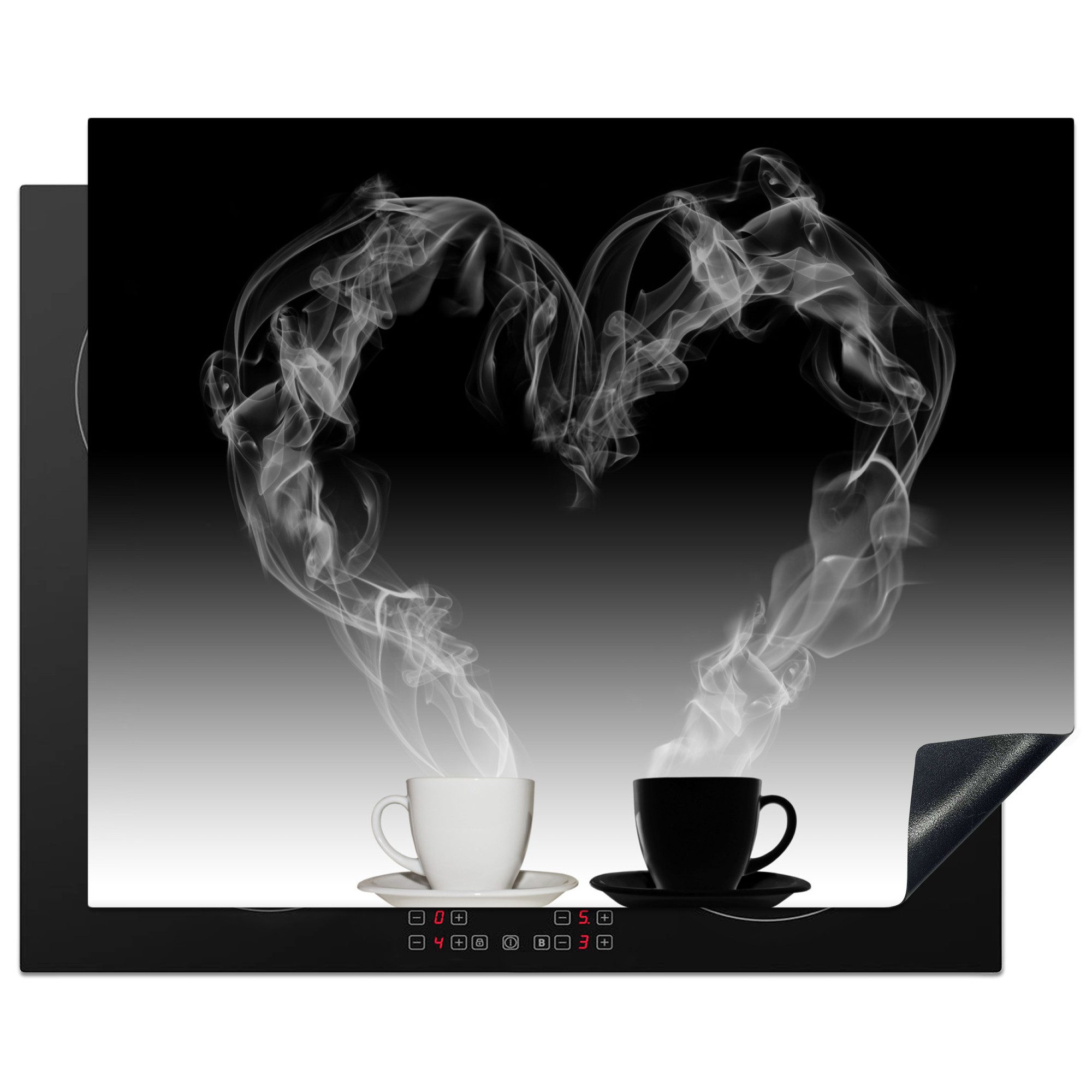 MuchoWow Herd-Abdeckplatte Kaffee - Herz - Wasserdampf - Schwarz - Weiß, Vinyl, (1 tlg), Herdabdeckplatten für Ceranfeld, Induktionsschutz, 65x55 cm