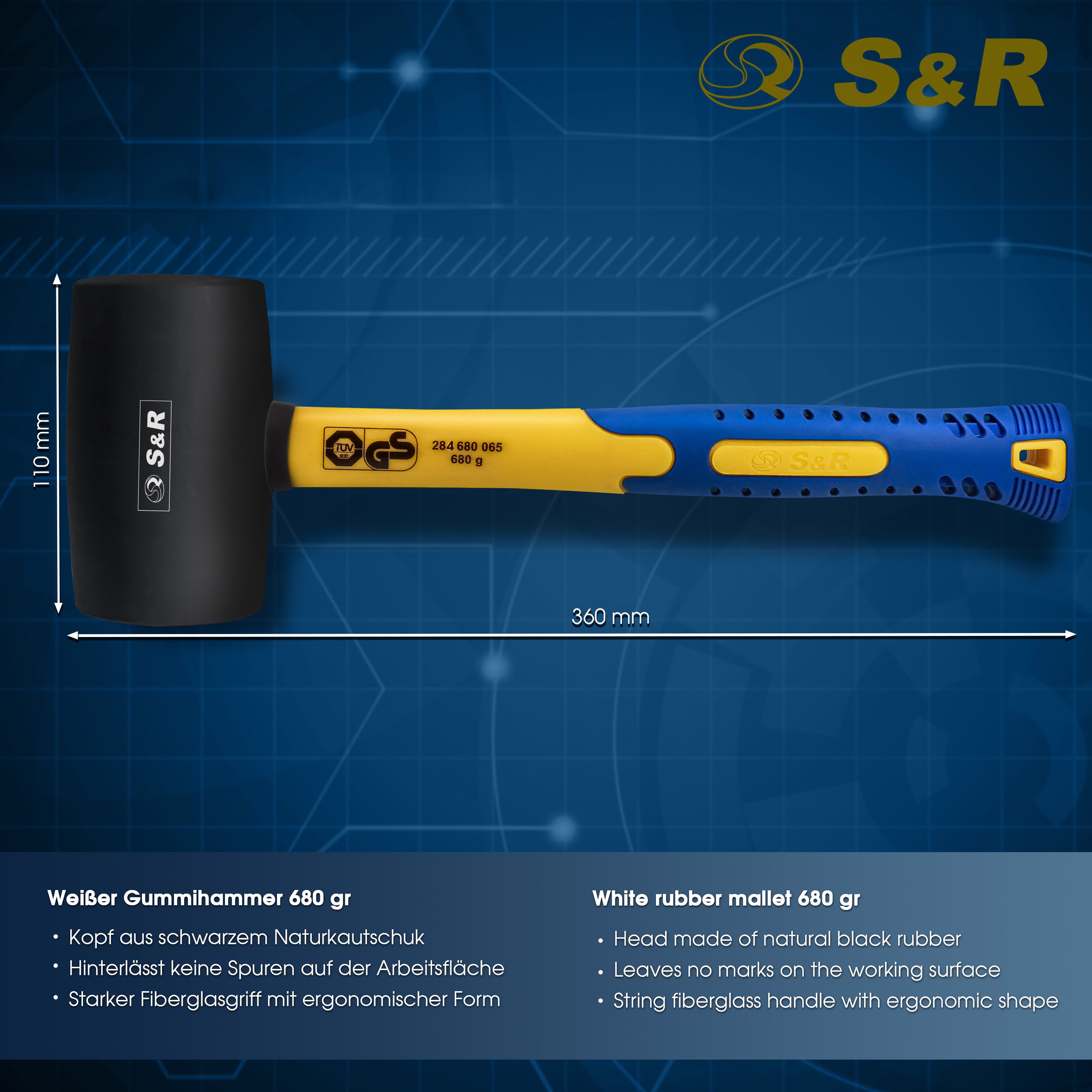 S&R Gummihammer Schwarz 680 g aus Naturkautschuk mit stoßdämpfendem Fiberglasstiel (1-St), für Außenarbeiten zB. Pflastersteine, Fliesen, Camping - GS geprüft