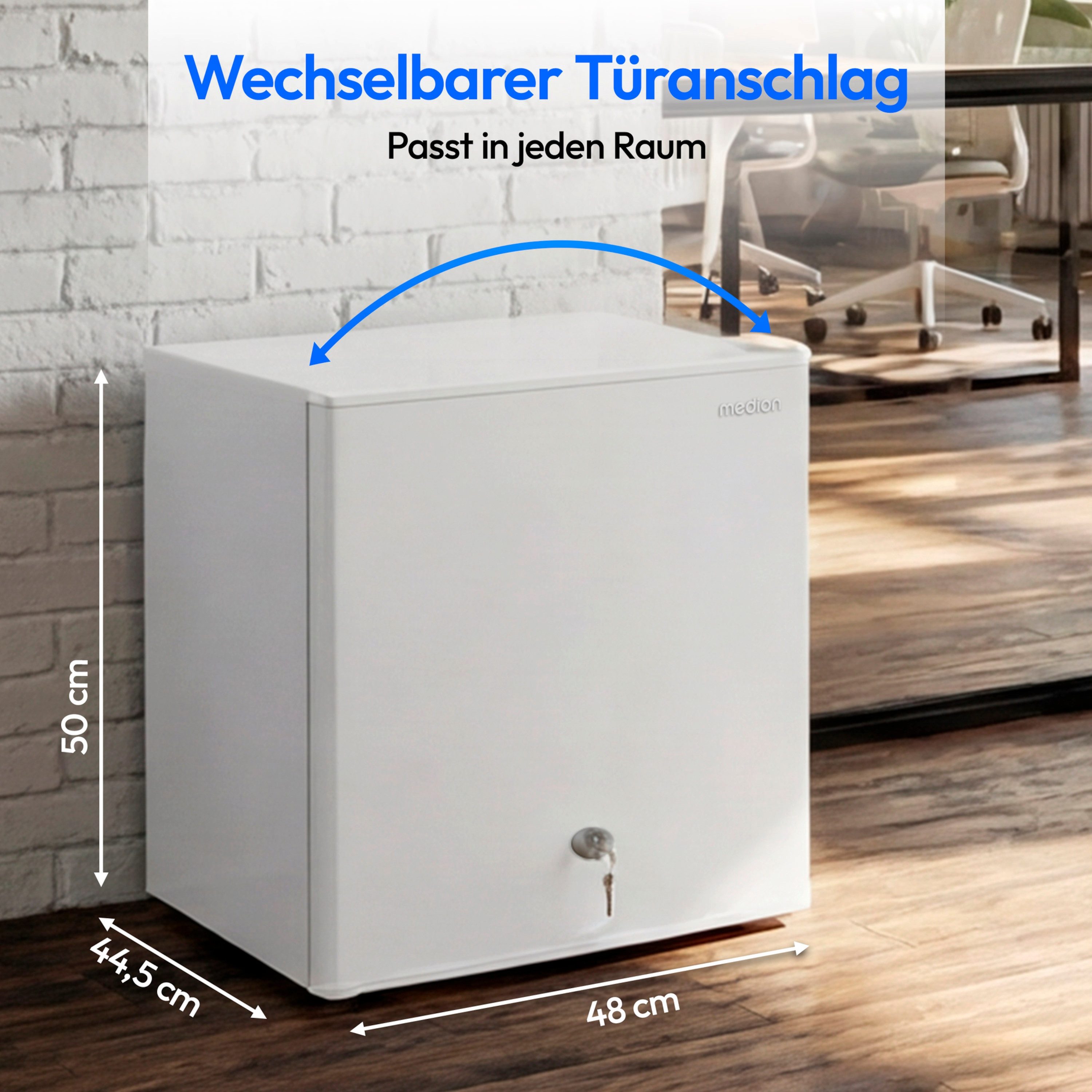 Medion® Kühlschrank MD370001, 50 cm hoch, 48 cm breit, 42 L Gesamtnutzinhalt, wechselbarer Türanschlag, Schloss